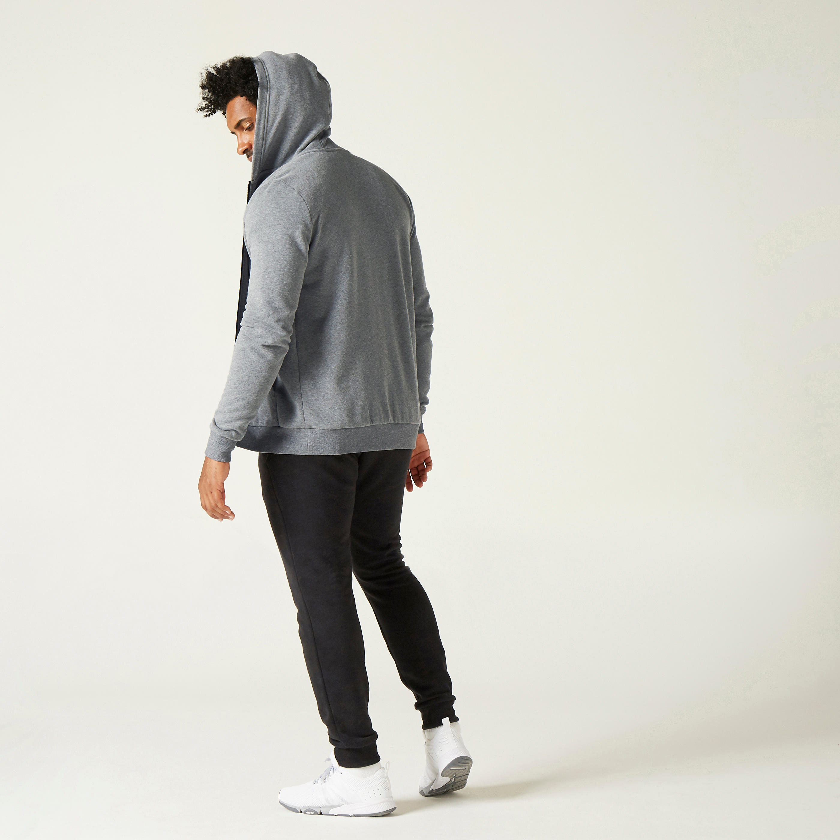 DOMYOS Pánska mikina 100 na fitness na zips s kapucňou sivá šedá 200@4XL-DOMYOS