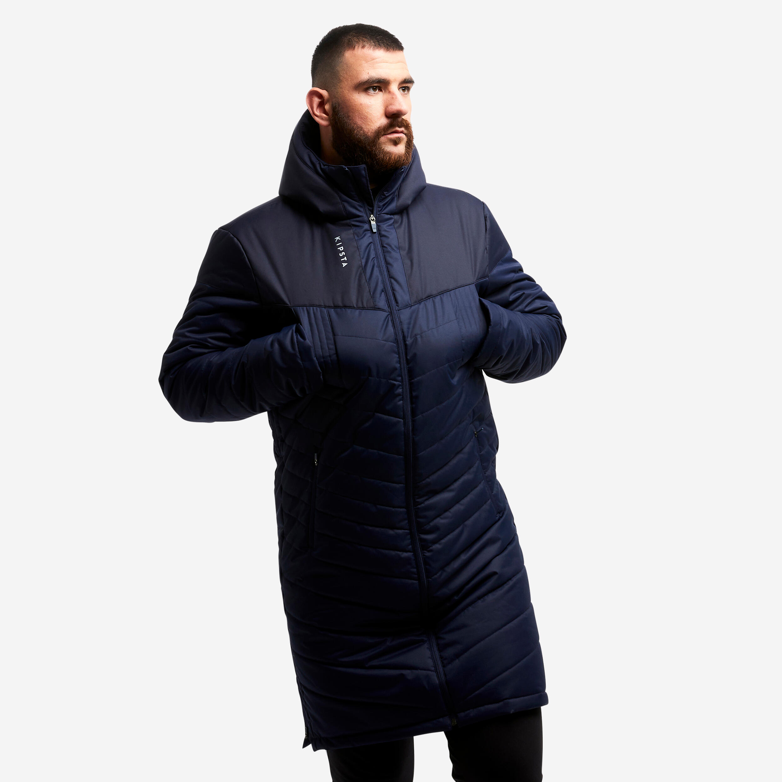 KIPSTA Dlhá futbalové bunda (parka) pre dospelých tmavomodrá 200@L-KIPSTA