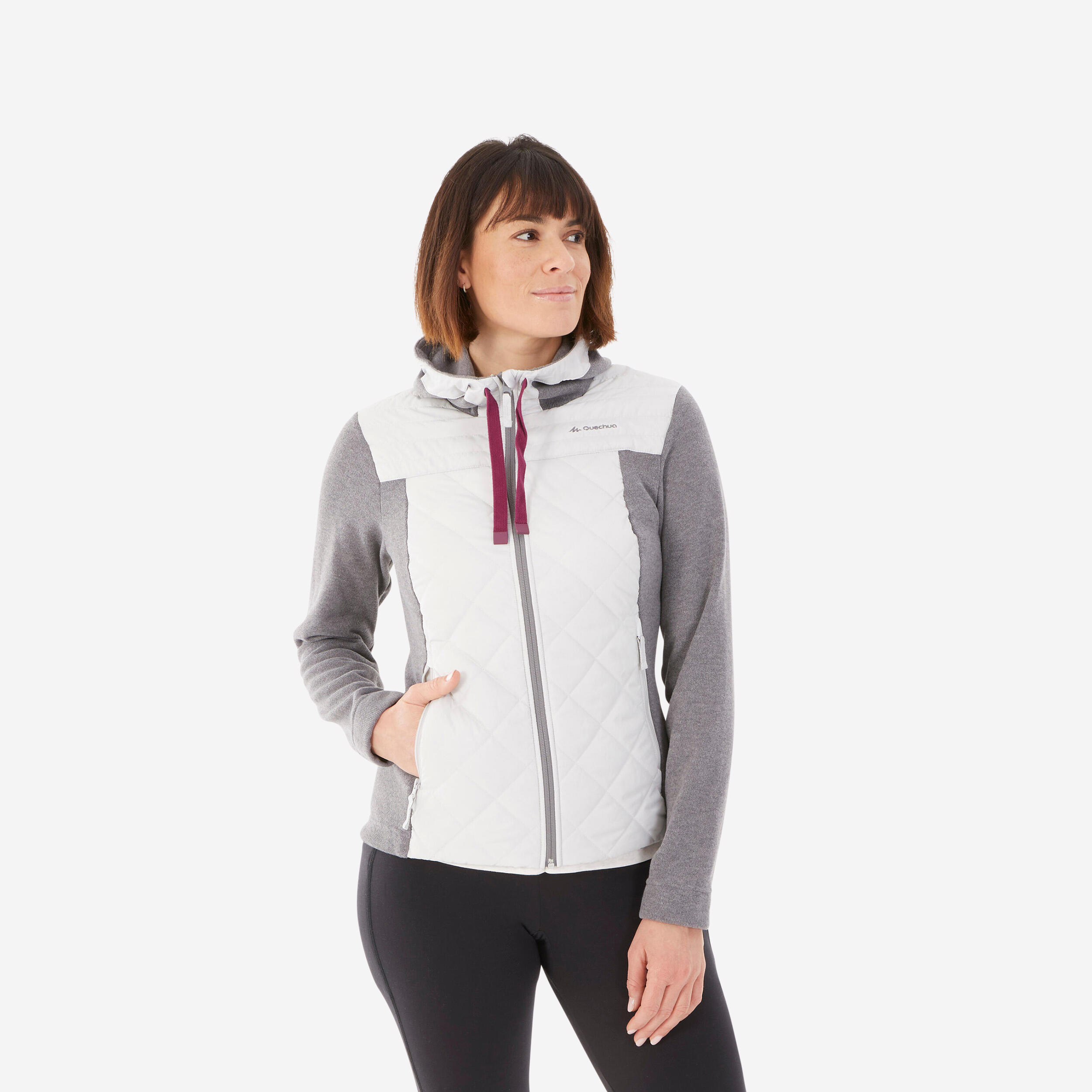 QUECHUA Dámska hybridná turistická mikina NH100 s kapucňou šedá 200@S-QUECHUA