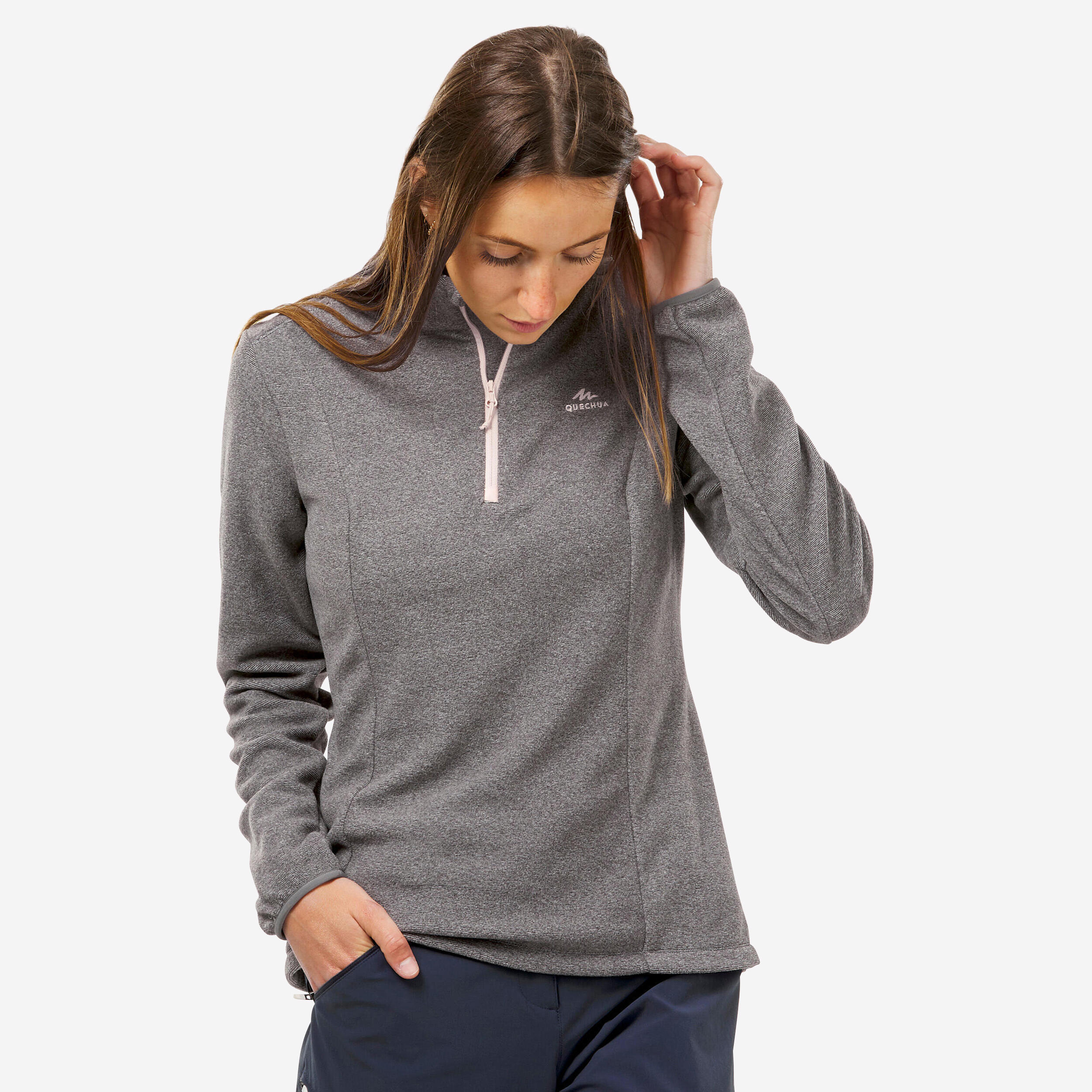 QUECHUA Dámska turistická fleecová mikina MH100 sivá melírovaná biela 200@2XL-QUECHUA