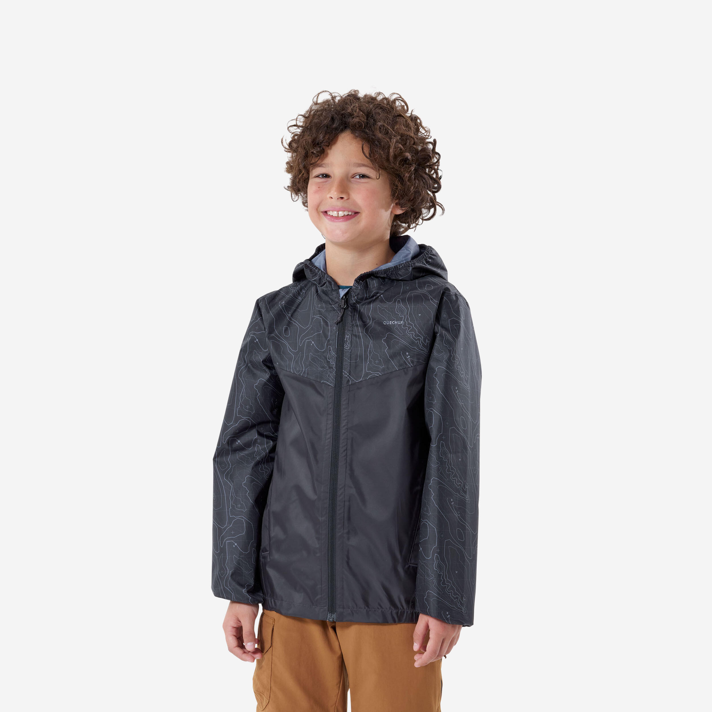 QUECHUA Detská turistická nepremokavá bunda MH150 7-15 rokov čierna šedá 280@7-8 r 123-130 cm-QUECHUA