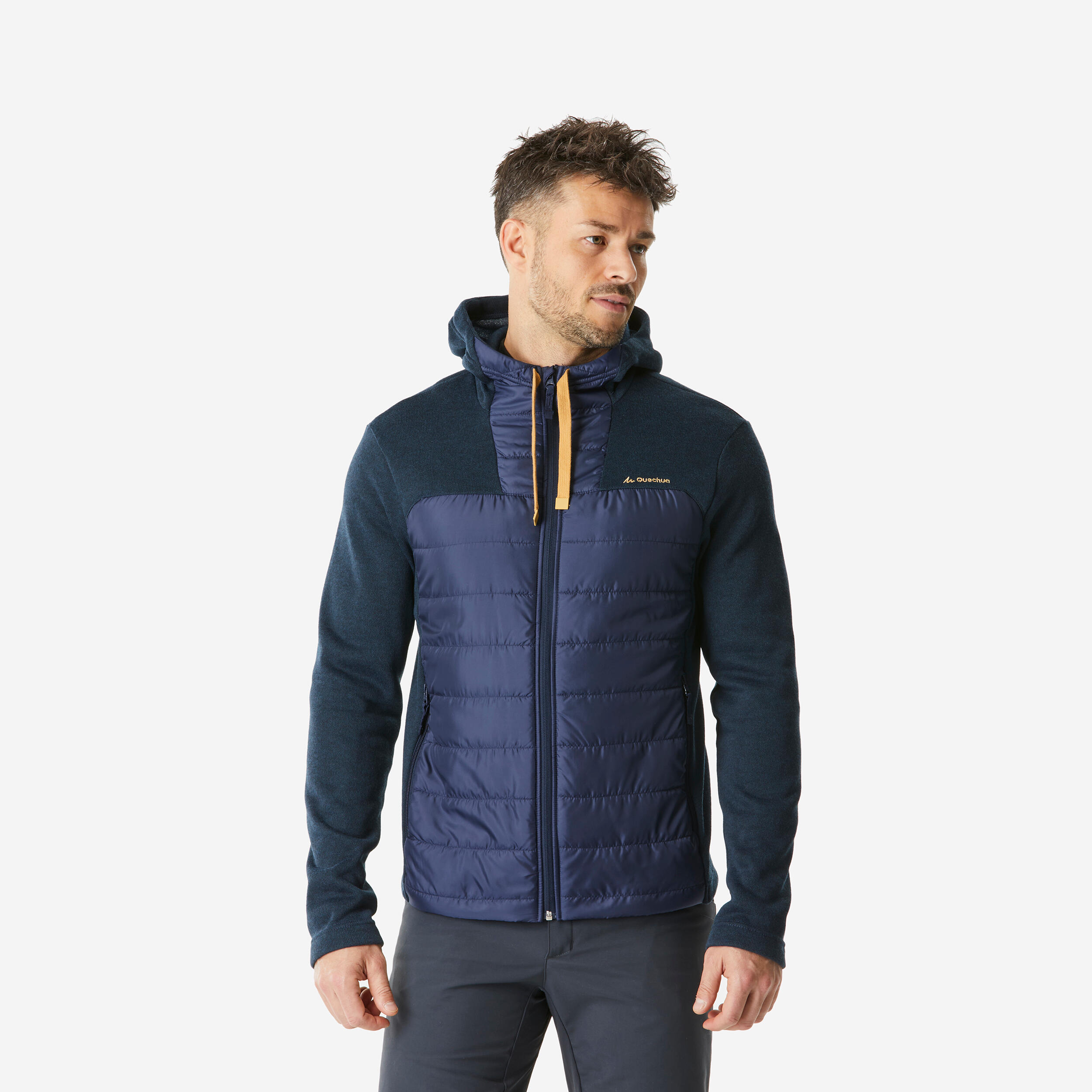 QUECHUA Pánska hybridná turistická mikina s kapucňou NH100 modrá 200@2XL-QUECHUA