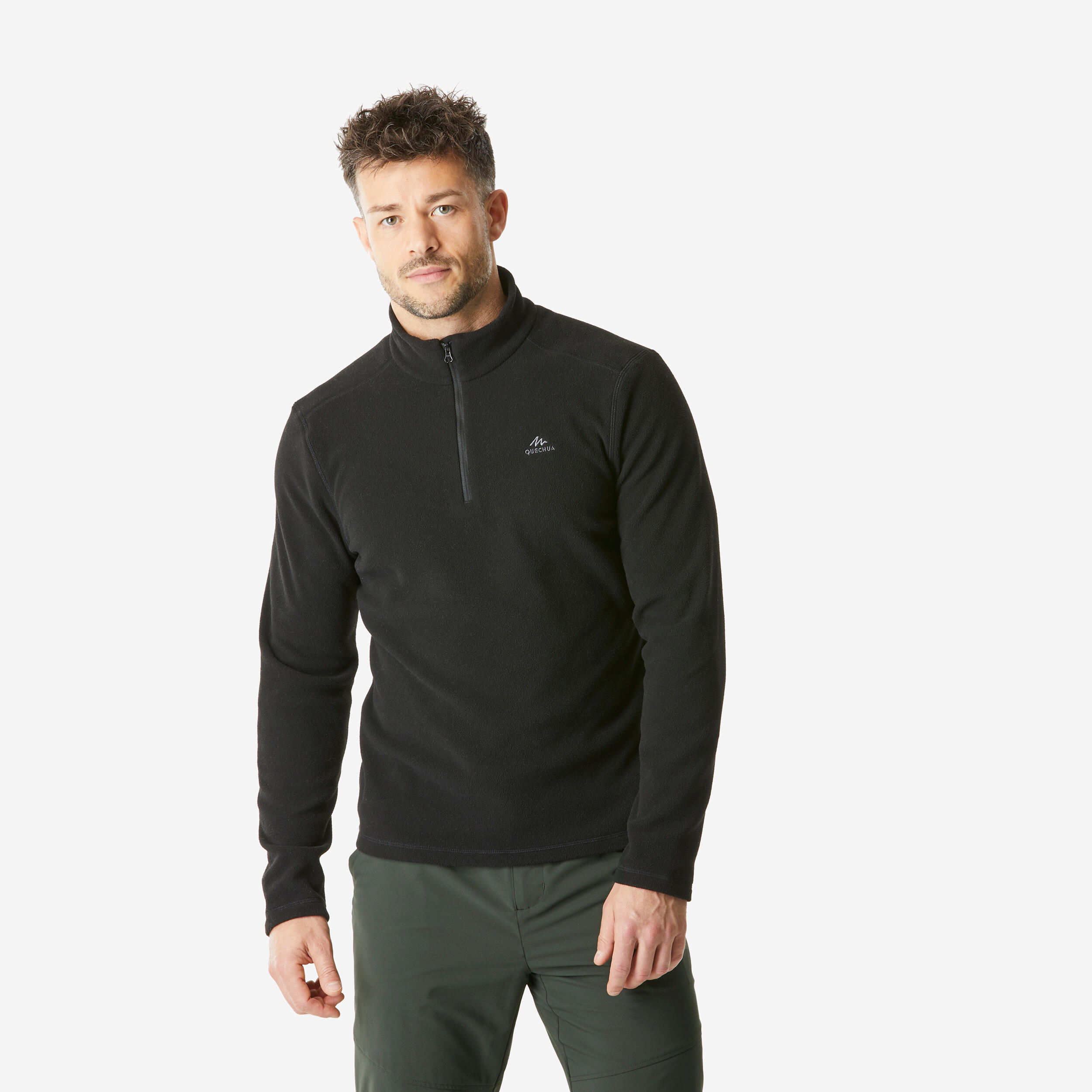 QUECHUA Pánska turistická fleecová mikina MH100 sivá čierna 200@M-QUECHUA