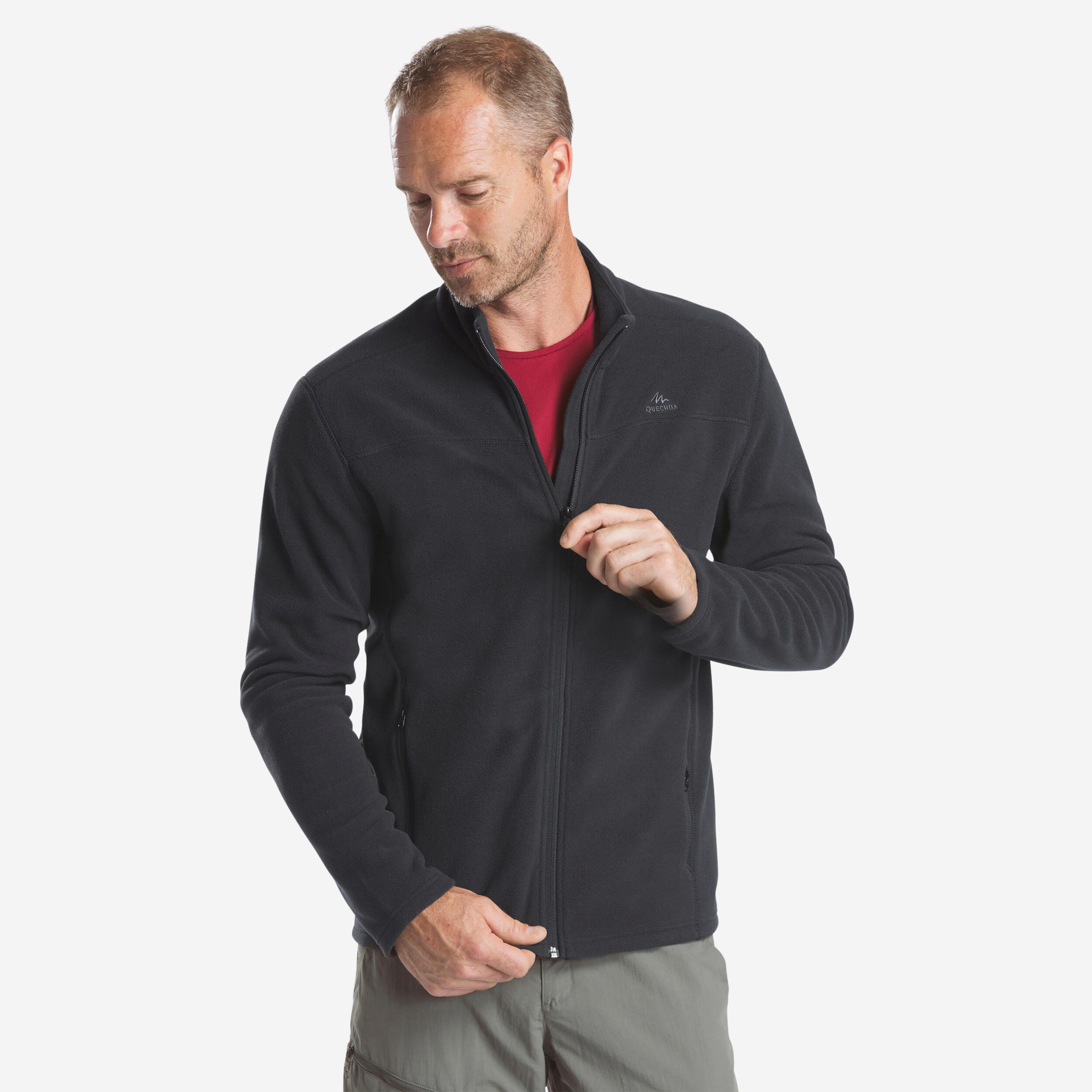 QUECHUA Pánska turistická fleecová mikina MH120 zelená čierna 200@2XL-QUECHUA
