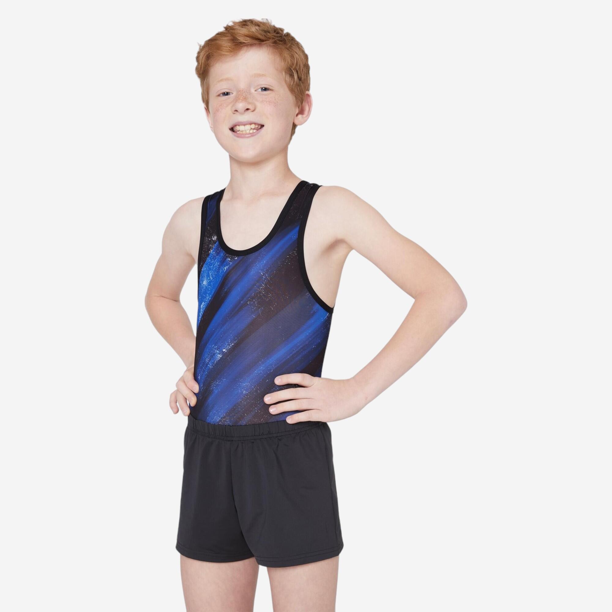 DOMYOS Chlapčenský dres na gymnastiku čierno-modrý s potlačou modrá 280@S-DOMYOS