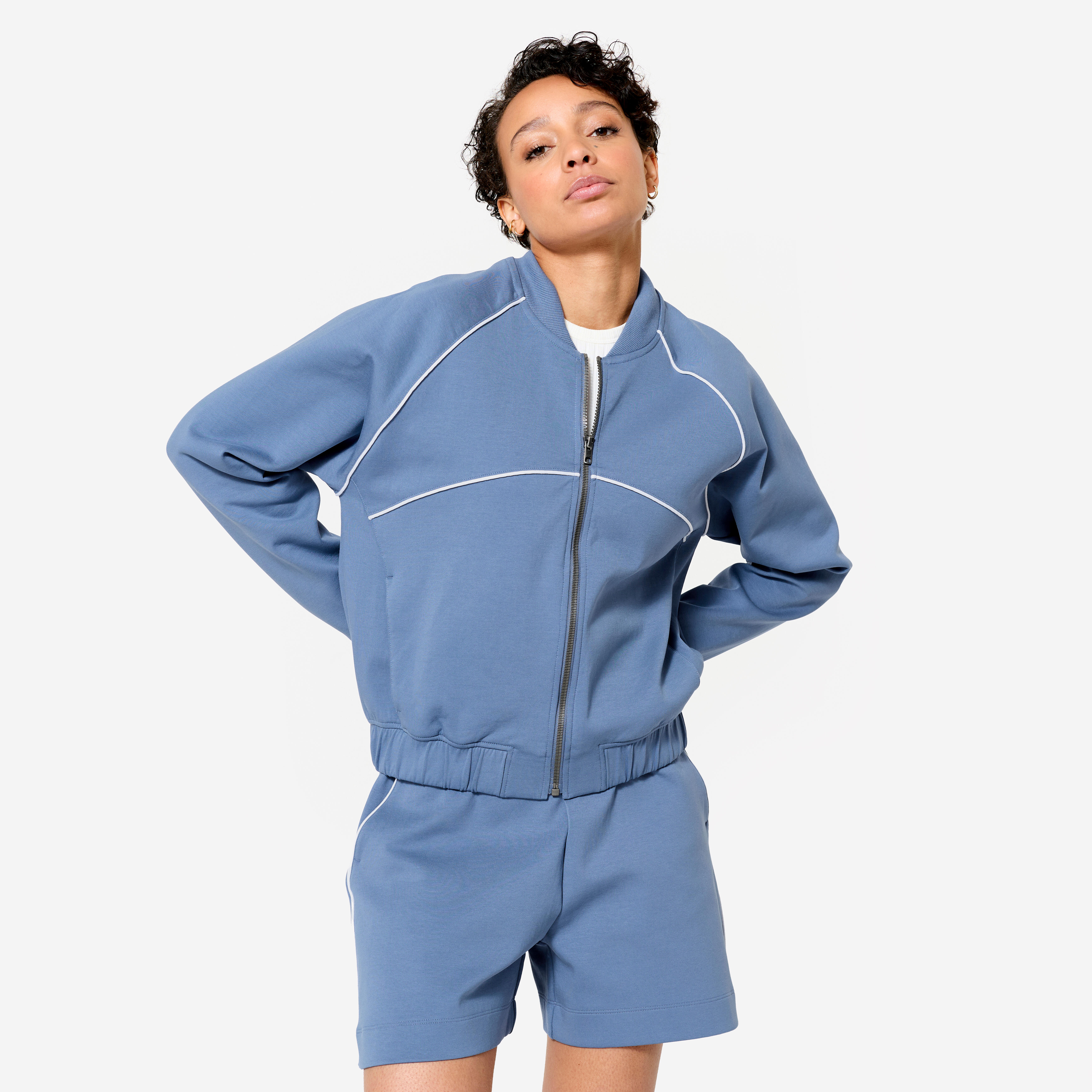 DOMYOS Dámska bomber bunda na zips modrá s bielou lemovkou modrá 1387@XL-DOMYOS