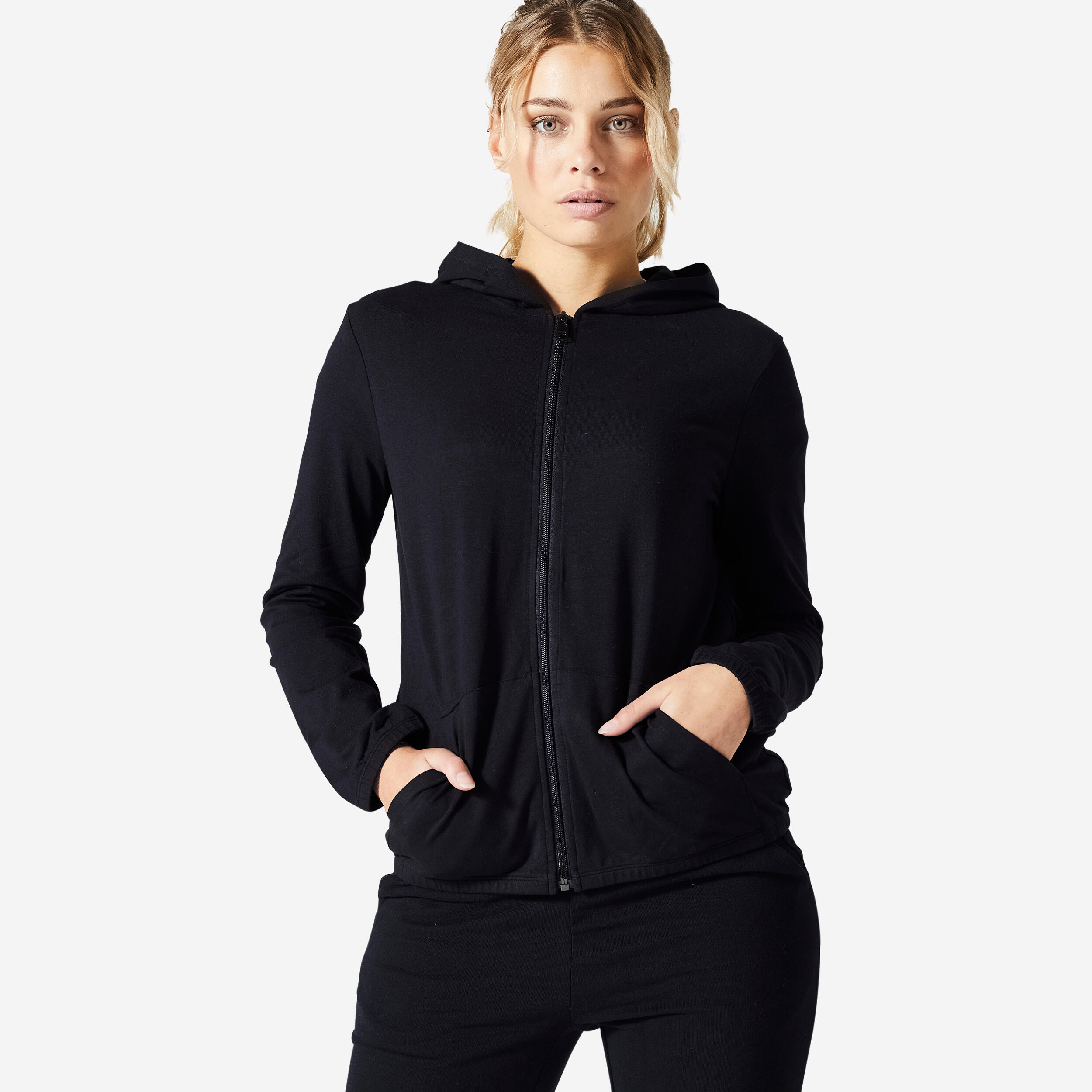 DOMYOS Dámska mikina 100 na fitness so zipsom čierna 875@3XL-DOMYOS