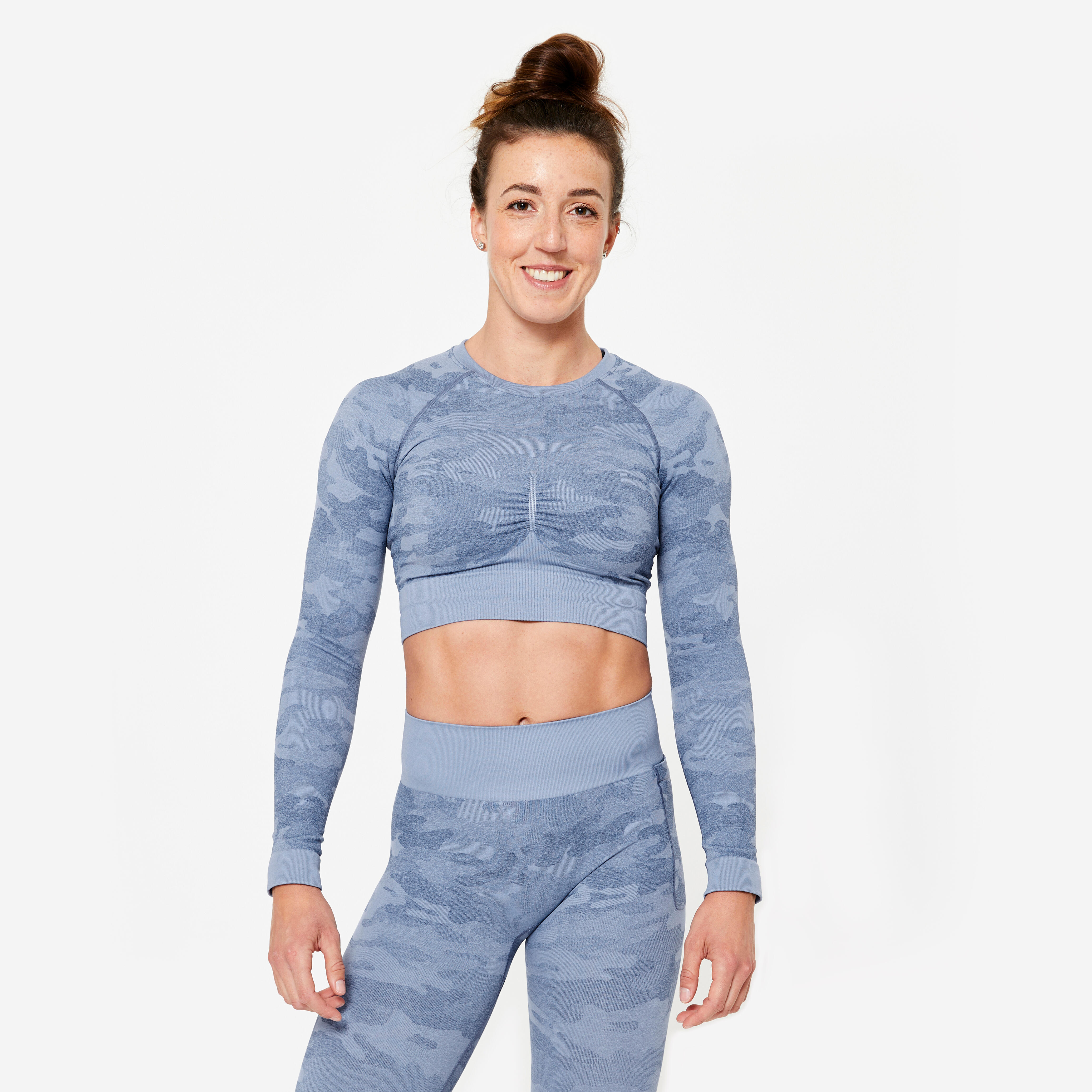 DOMYOS Dámske crop top tričko s dlhými rukávmi modré 1387@M-DOMYOS