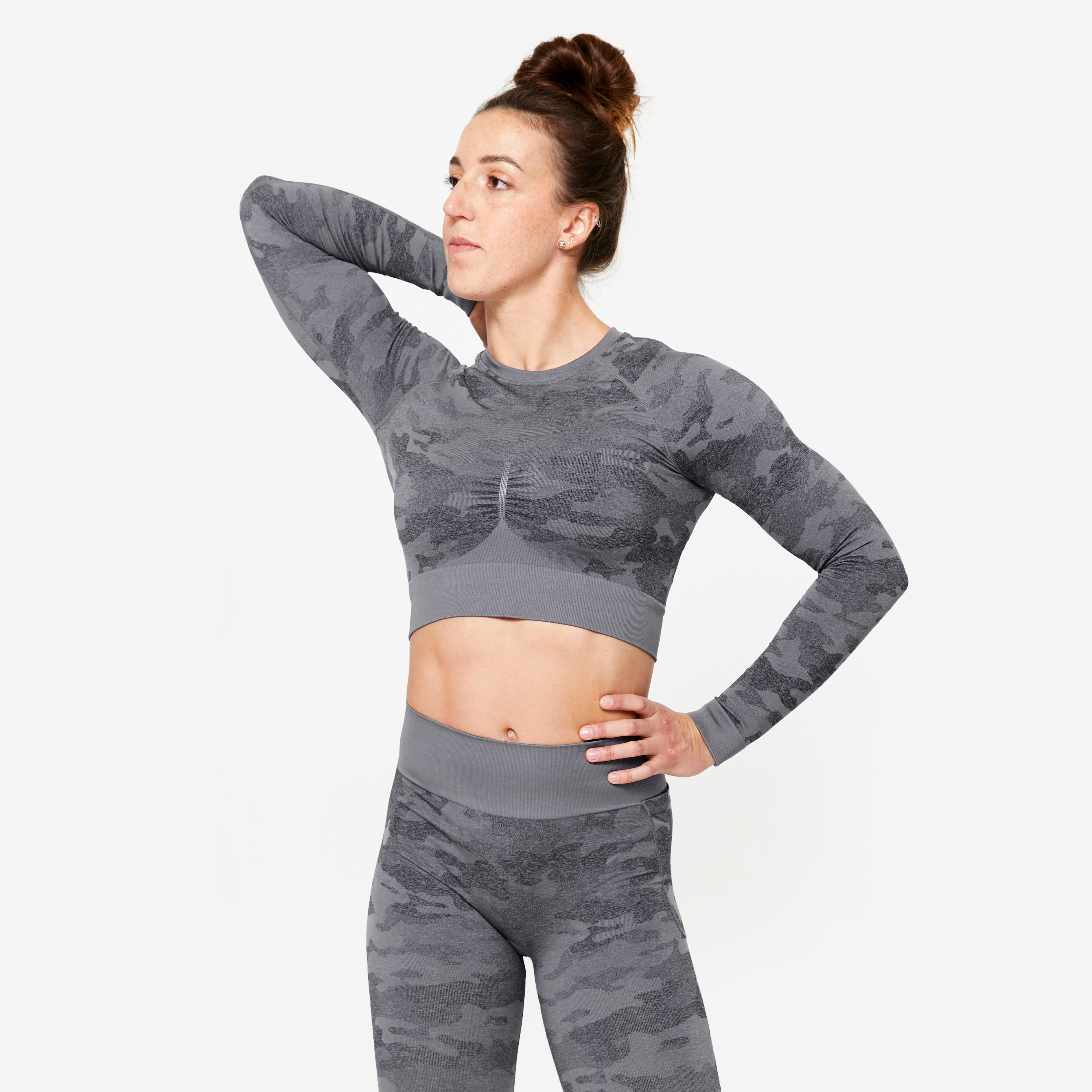 DOMYOS Dámske crop top tričko s dlhými rukávmi sivé šedá 1387@XL-DOMYOS