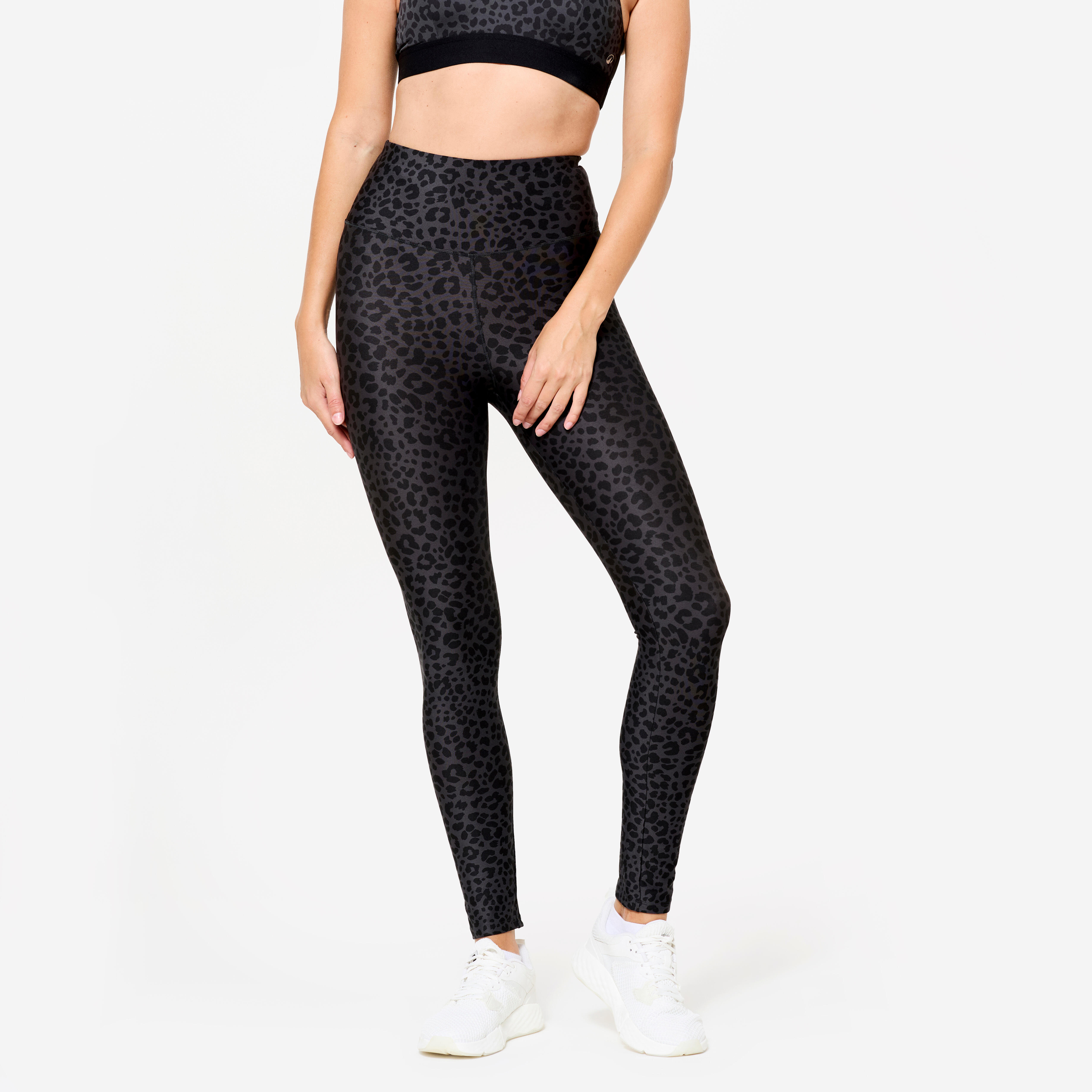 DOMYOS Dámske fitness legíny s leopardím vzorom tmavosivé šedá 343@L W33 L31-DOMYOS