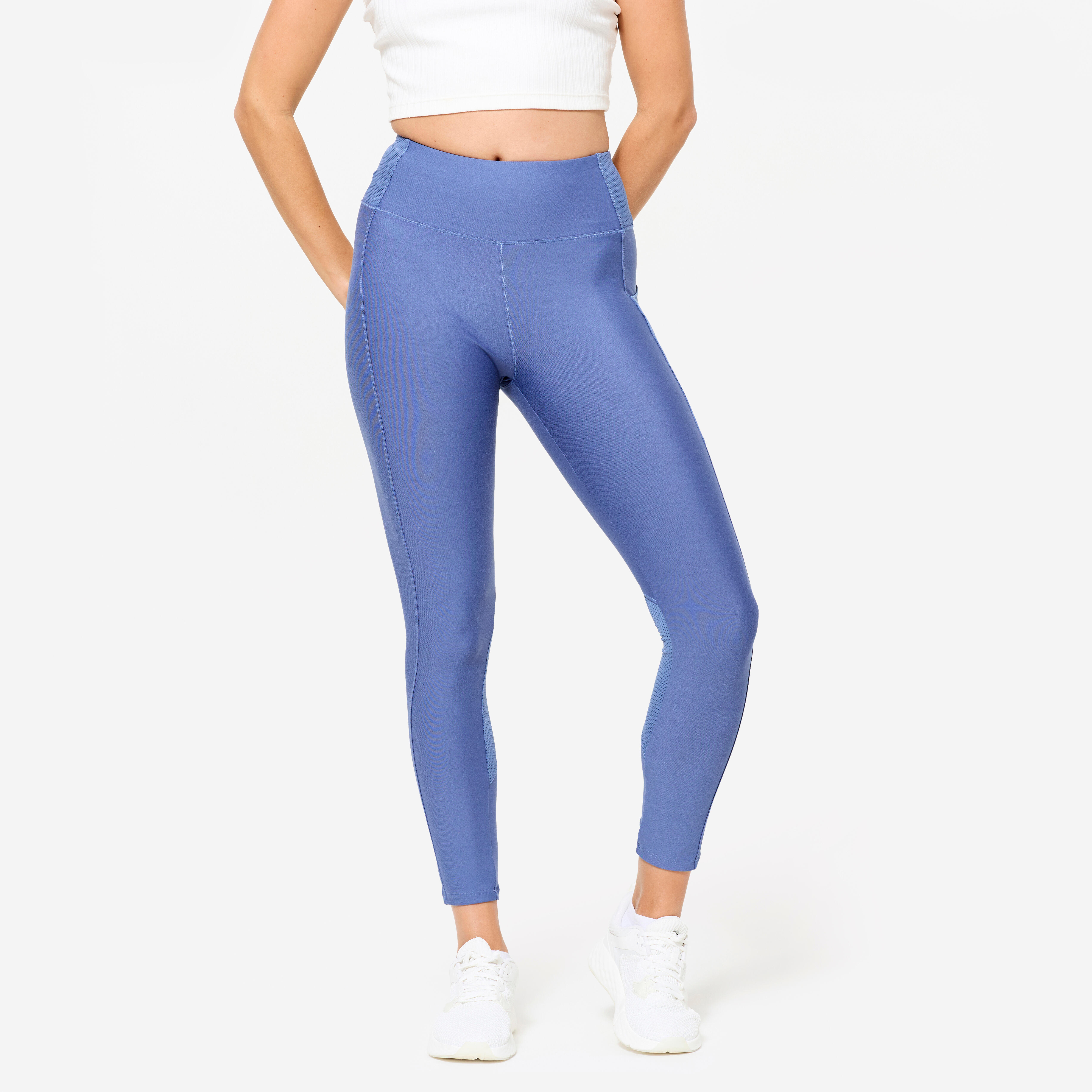 DOMYOS Dámske fitness legíny s vysokým pásom a vreckom modré 343@M W30 L31-DOMYOS