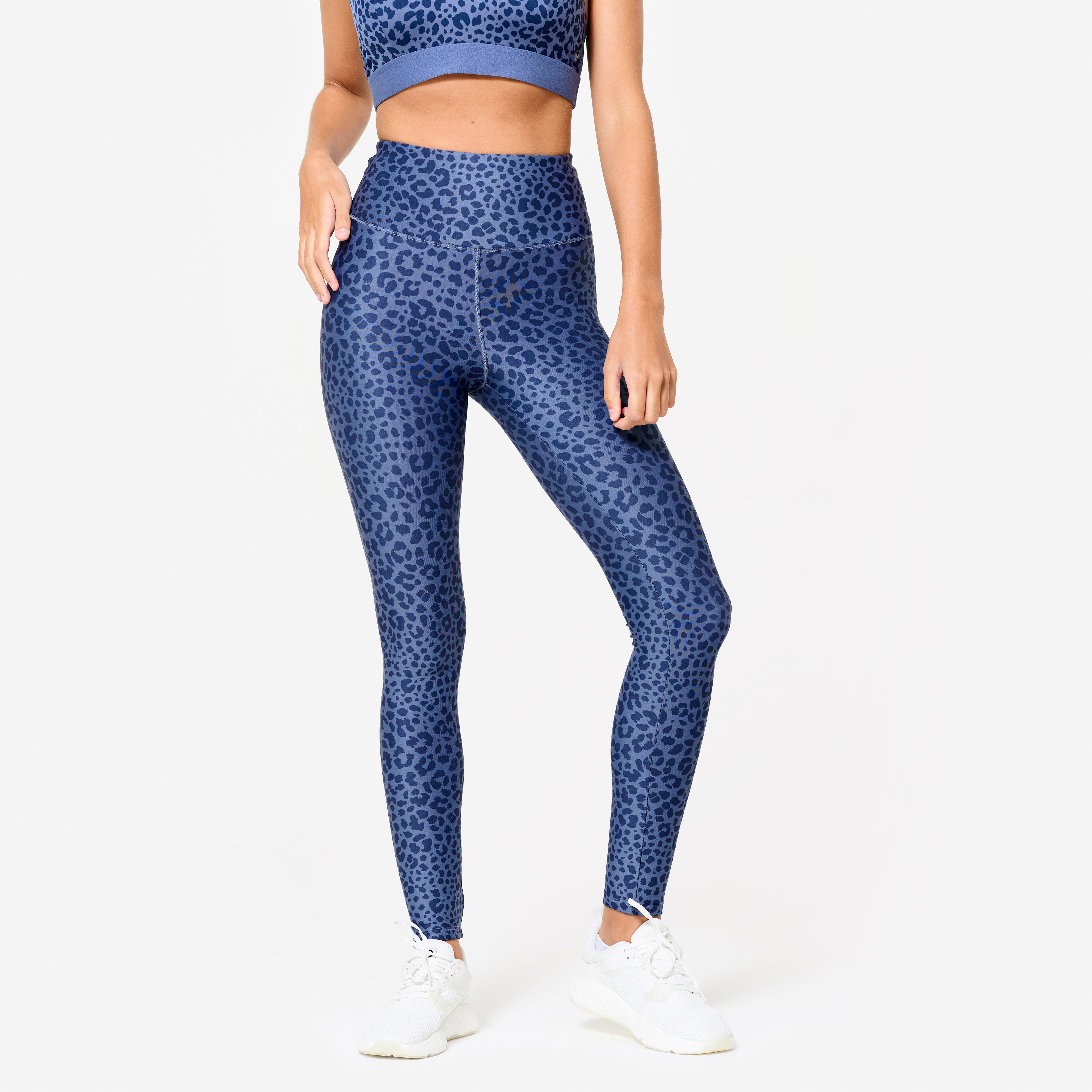 DOMYOS Dámske legíny na fitness s vysokým pásom a potlačou leopardí vzor modré 343@2XL W38 L31-DOMYOS