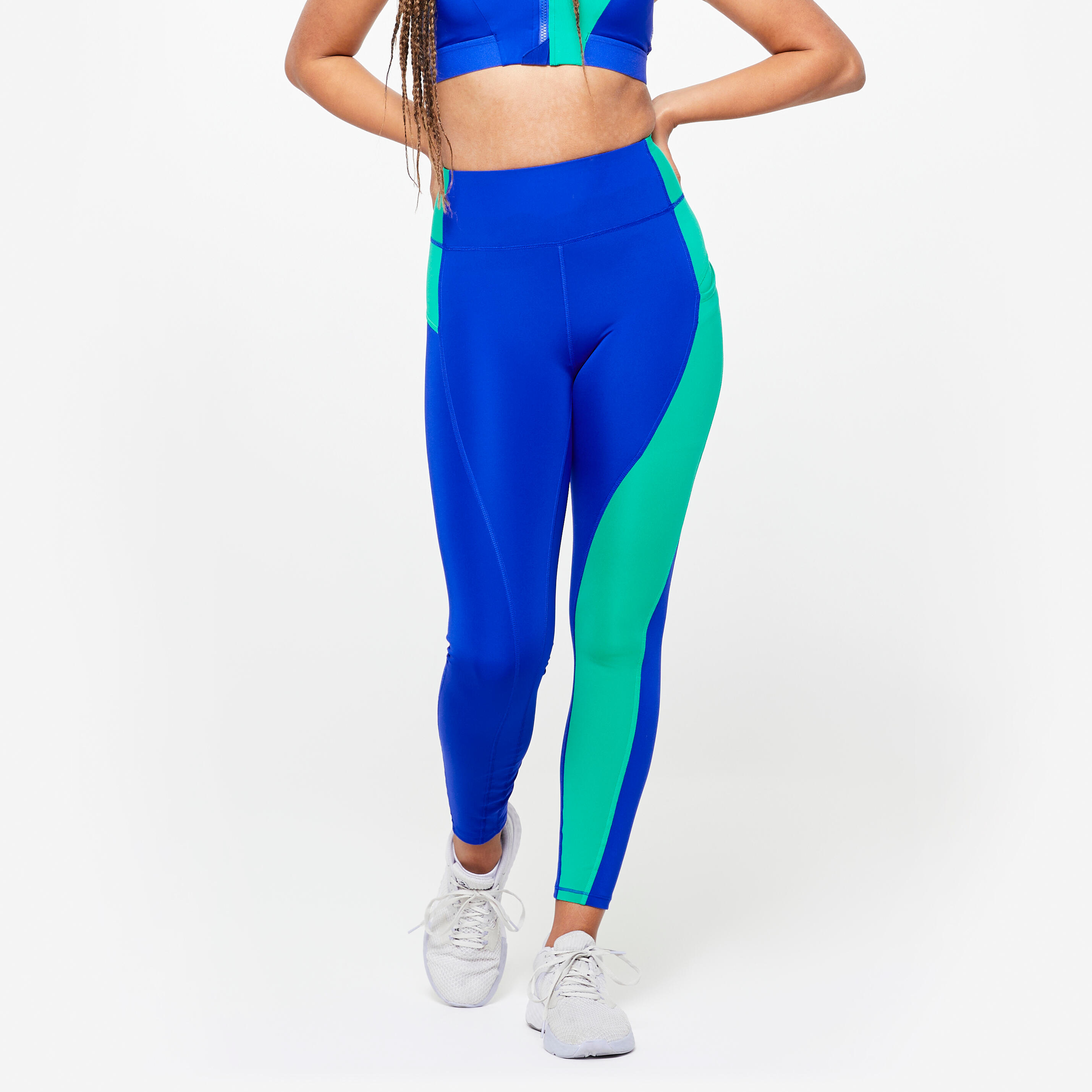DOMYOS Dámske legíny s vysokým pásom na fitness s potlačou zeleno-modré 343@L W33 L31-DOMYOS