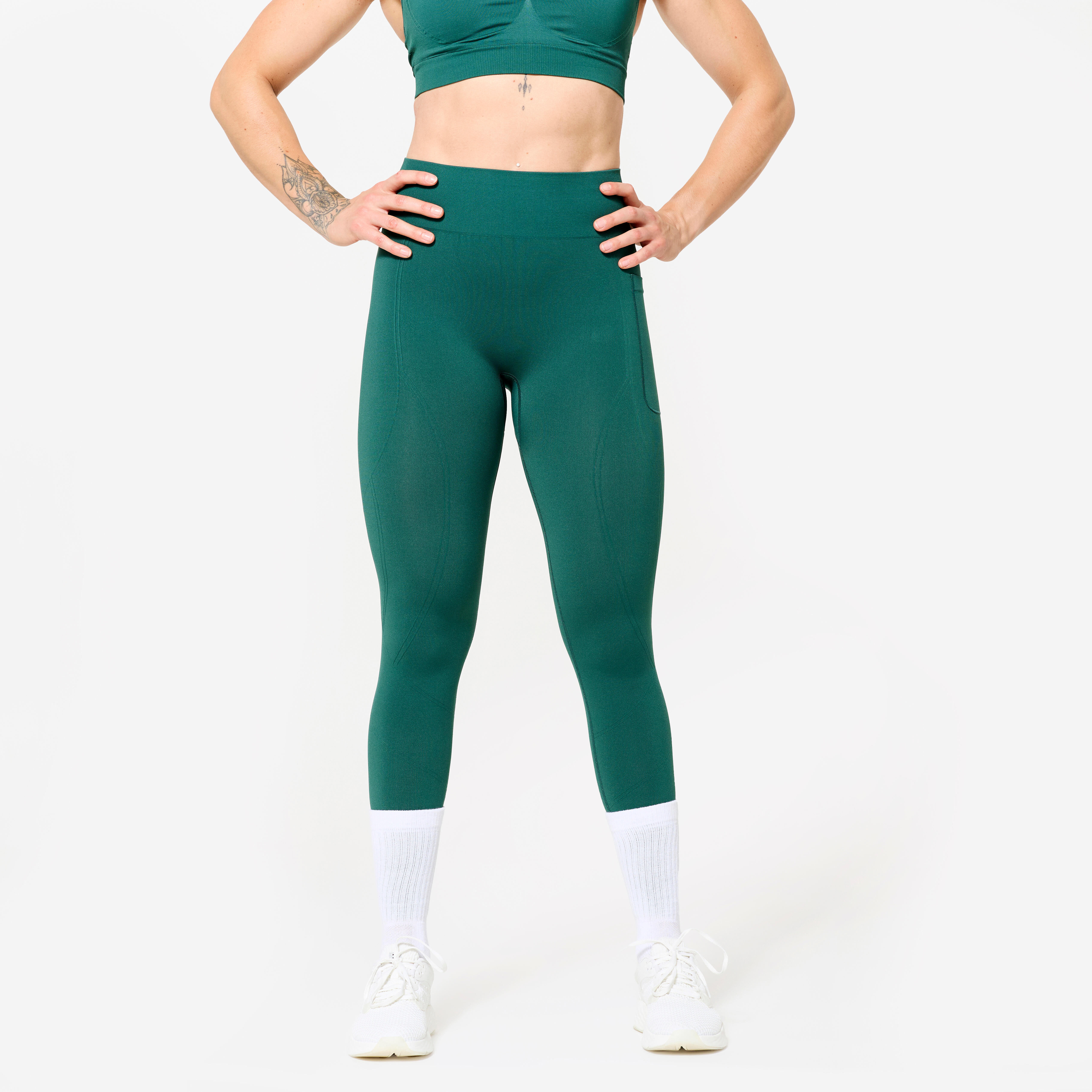 DOMYOS Dámske push-up legíny s vysokým pásom na fitnes tmavozelené zelená 343@XS-DOMYOS