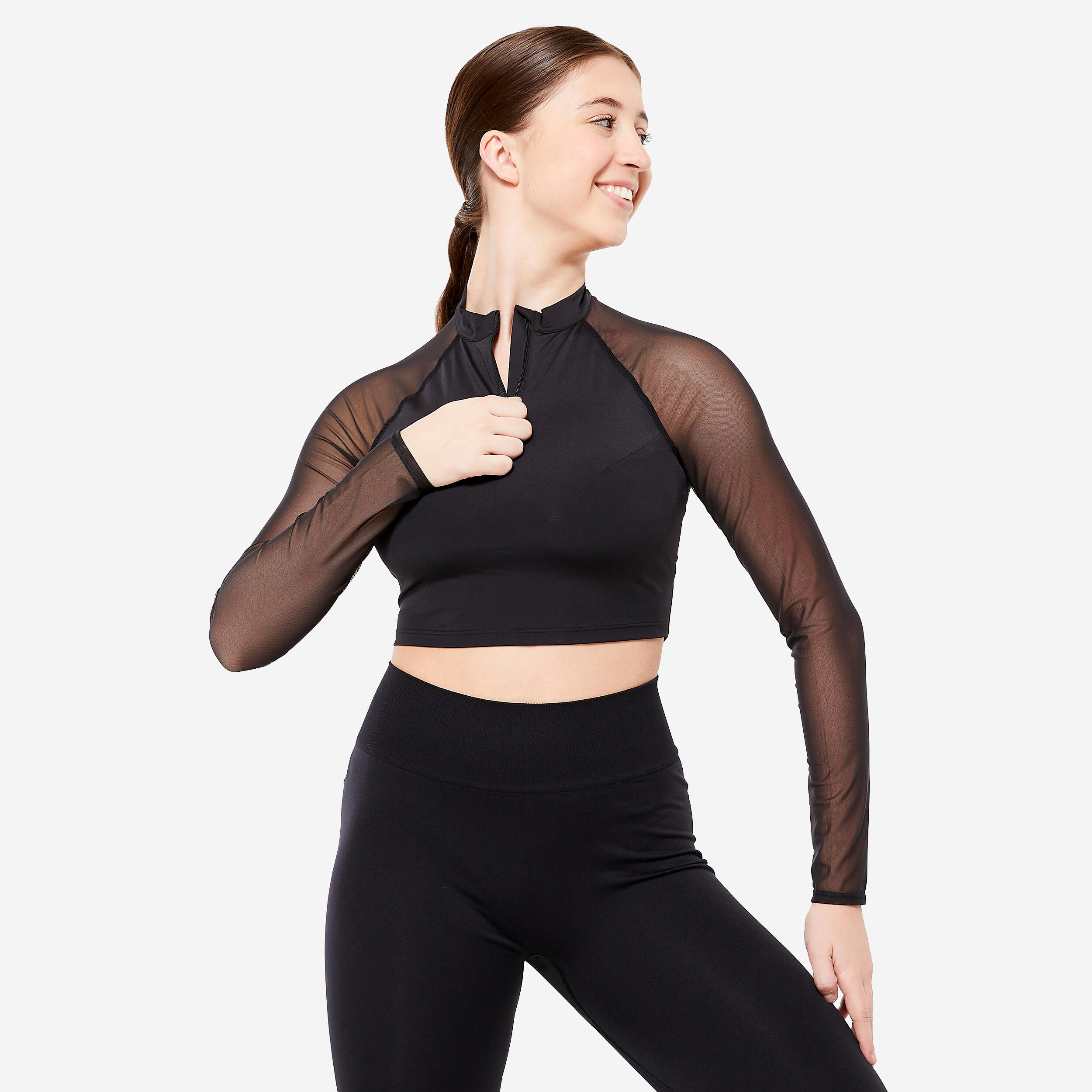 DOMYOS Dámsky crop top s dlhým rukávom a všitou podprsenkou na moderný tanec čierny 875@M-L-DOMYOS