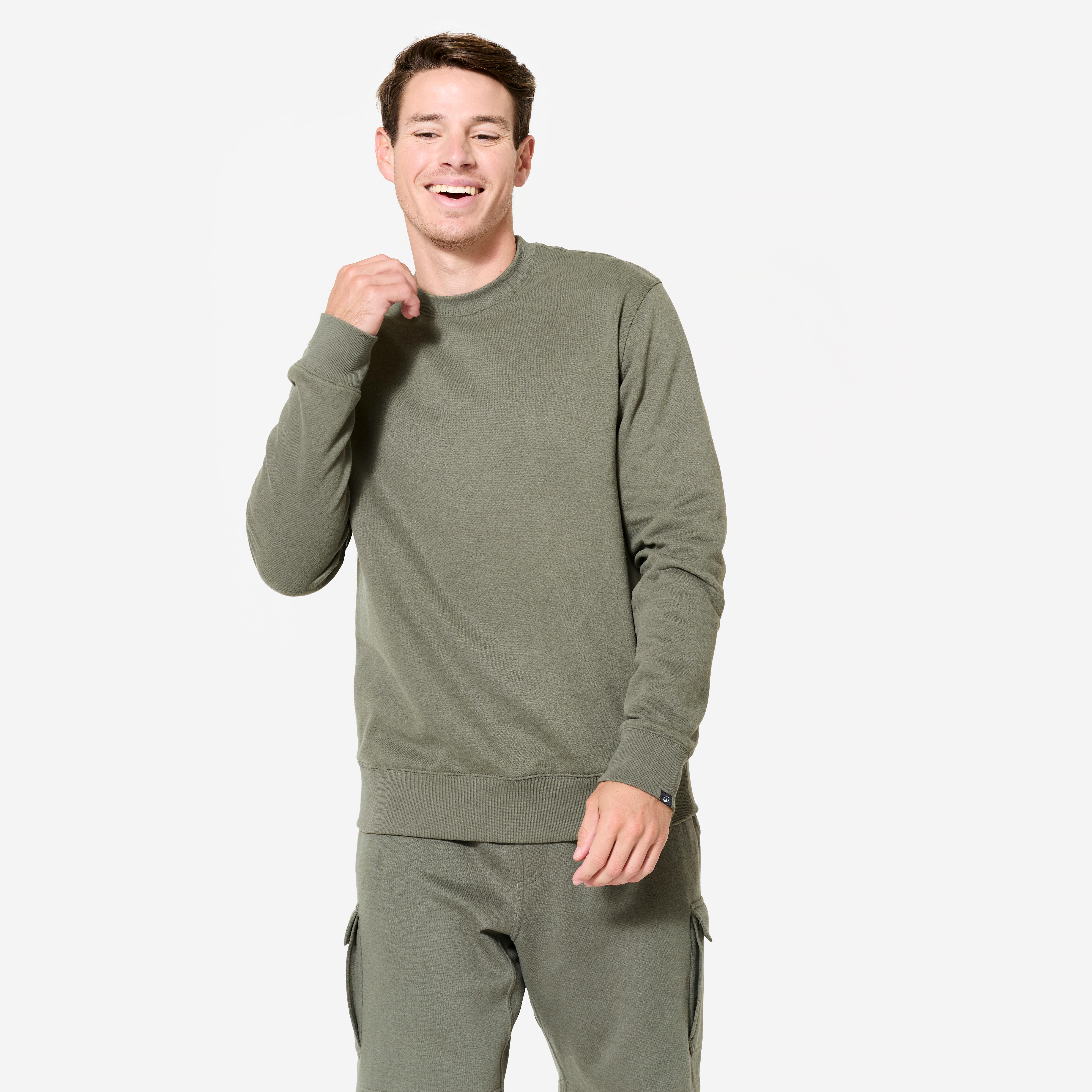 DOMYOS Pánska fleecová mikina – kaki zelená 349@2XL-DOMYOS