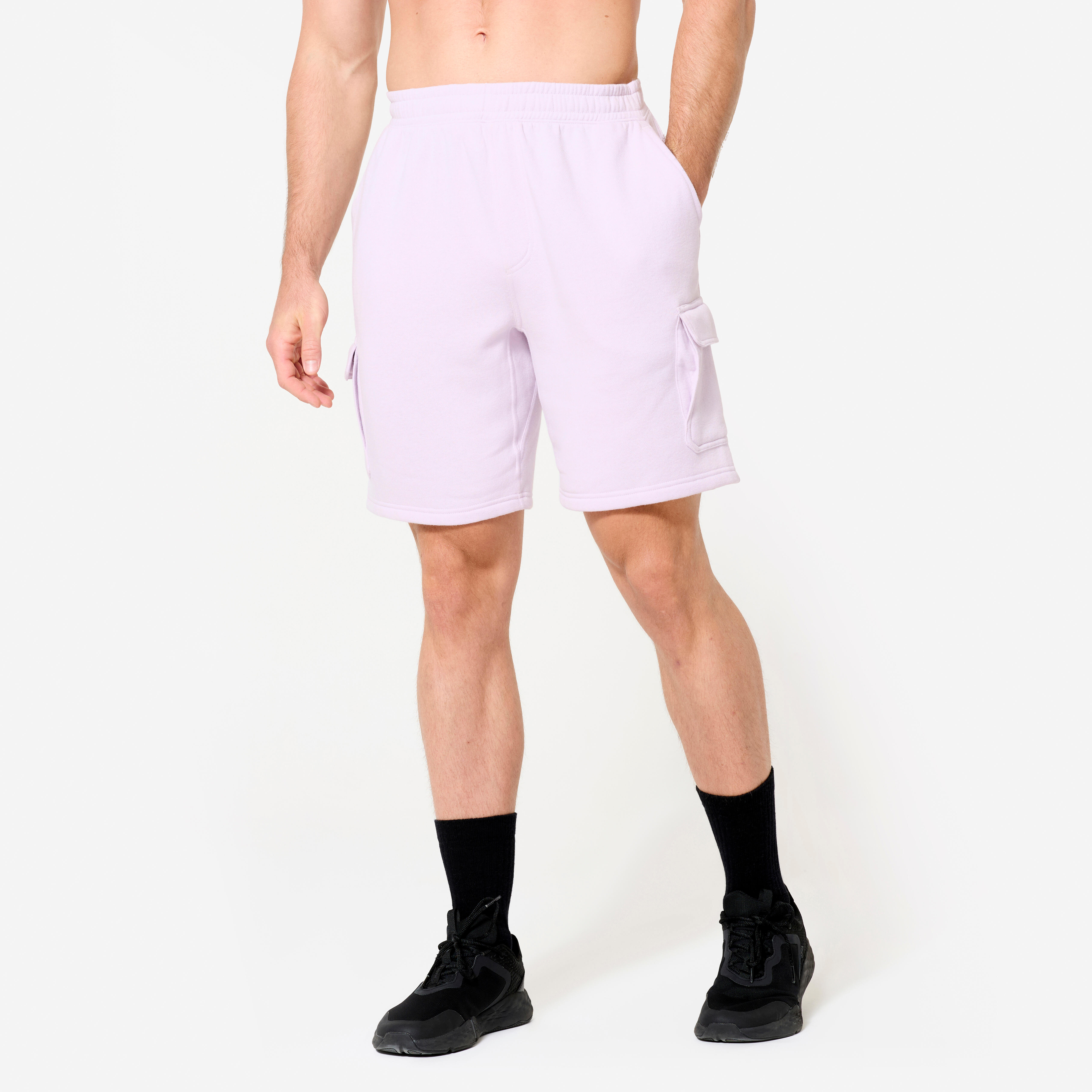DOMYOS Pánske cargo šortky na fitness z moltonu fialové fialová 340@L-DOMYOS