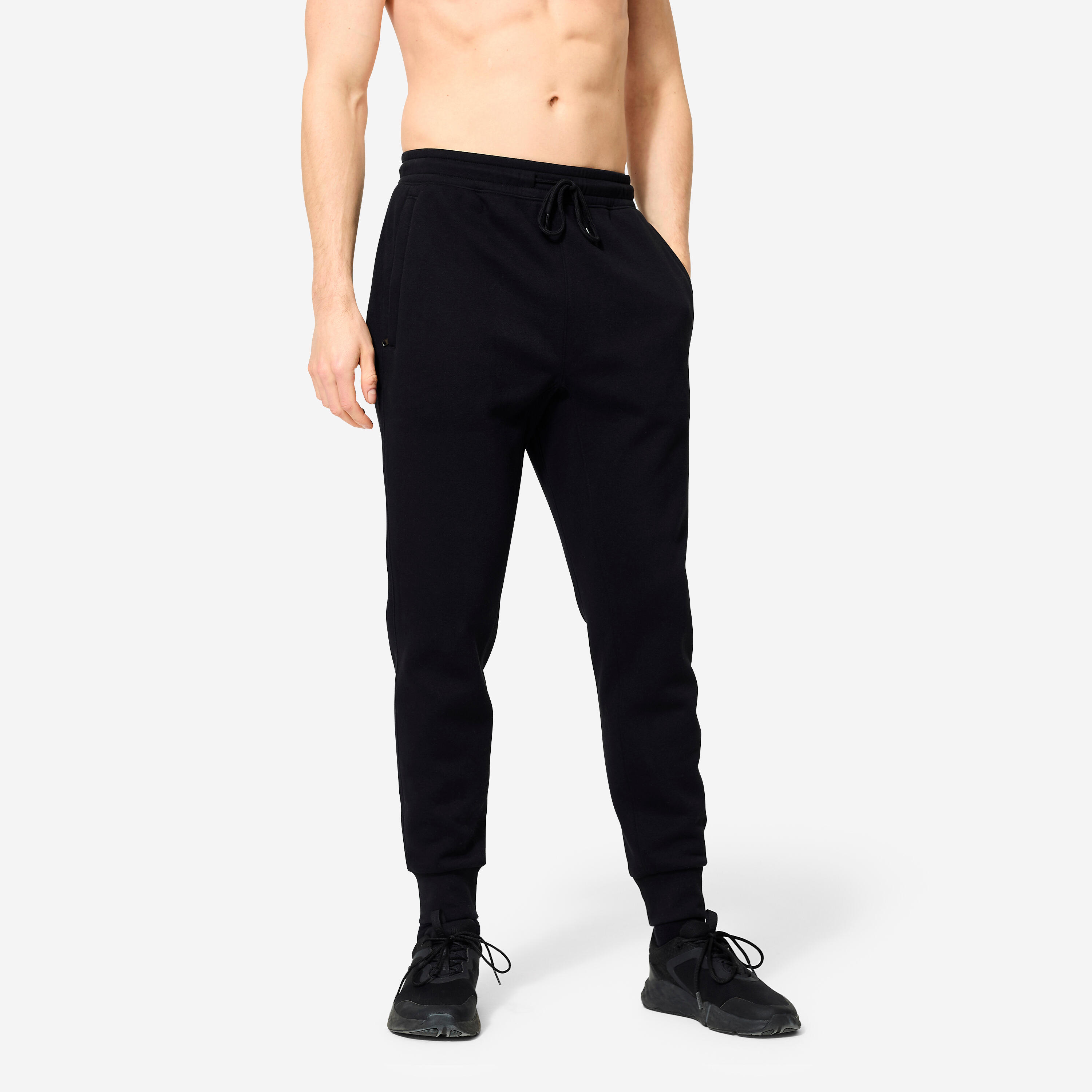 DOMYOS Pánske fitness tepláky moltonové čierne 340@XS W28 L33-DOMYOS