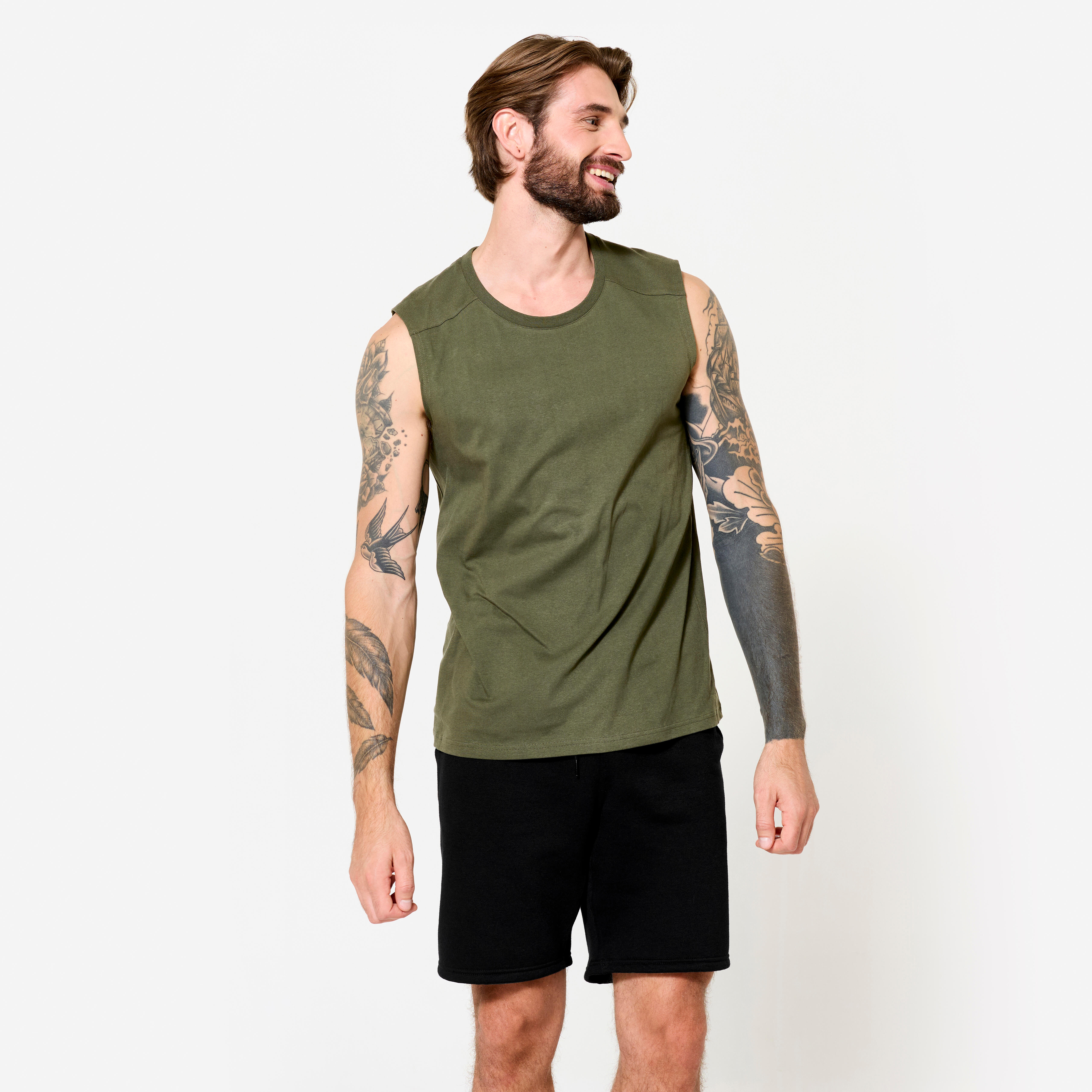 DOMYOS Pánske fitness tielko elastické kaki zelené zelená 349@XL-DOMYOS