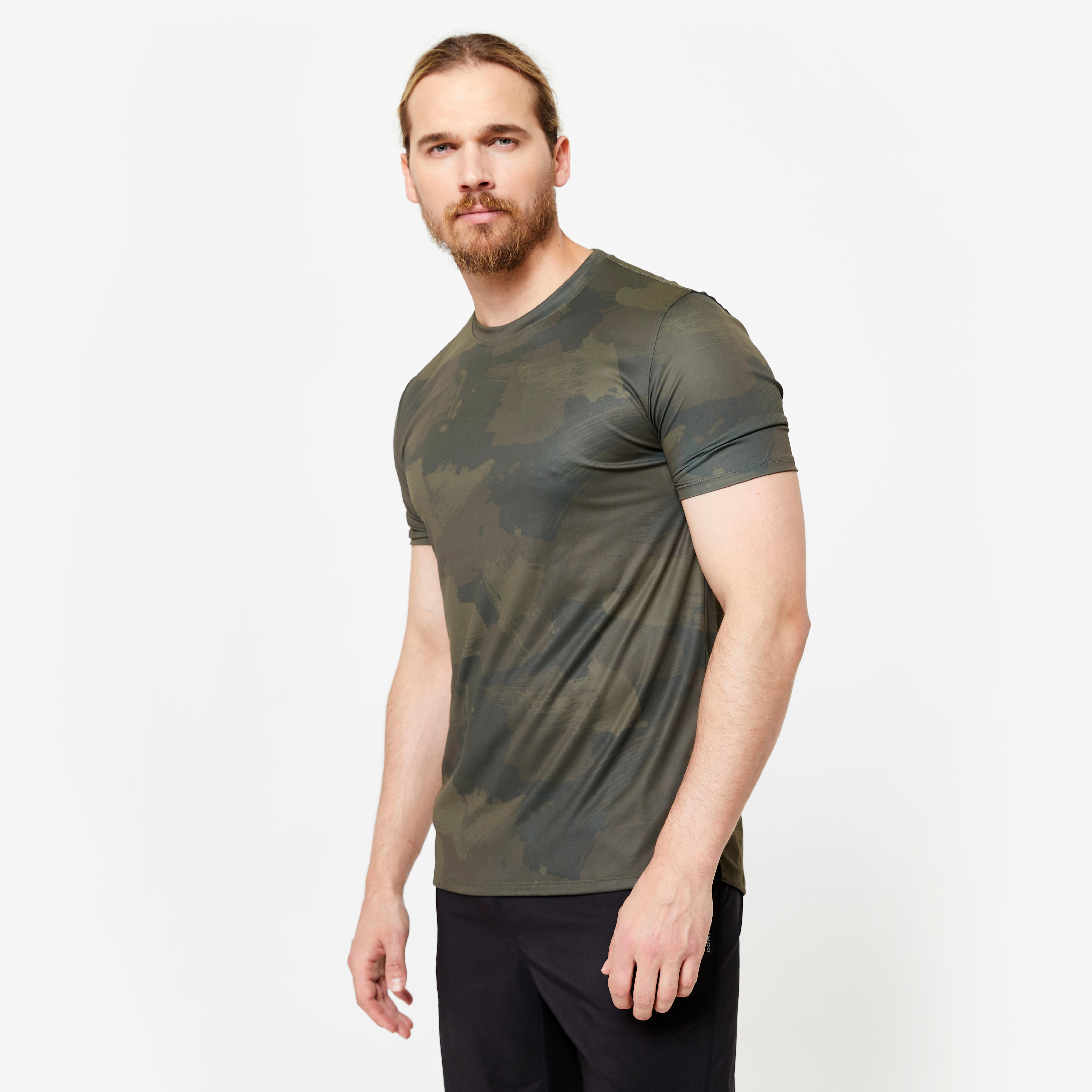 DOMYOS Pánske fitness tričko s krátkym rukávom kaki zelená 349@3XL-DOMYOS