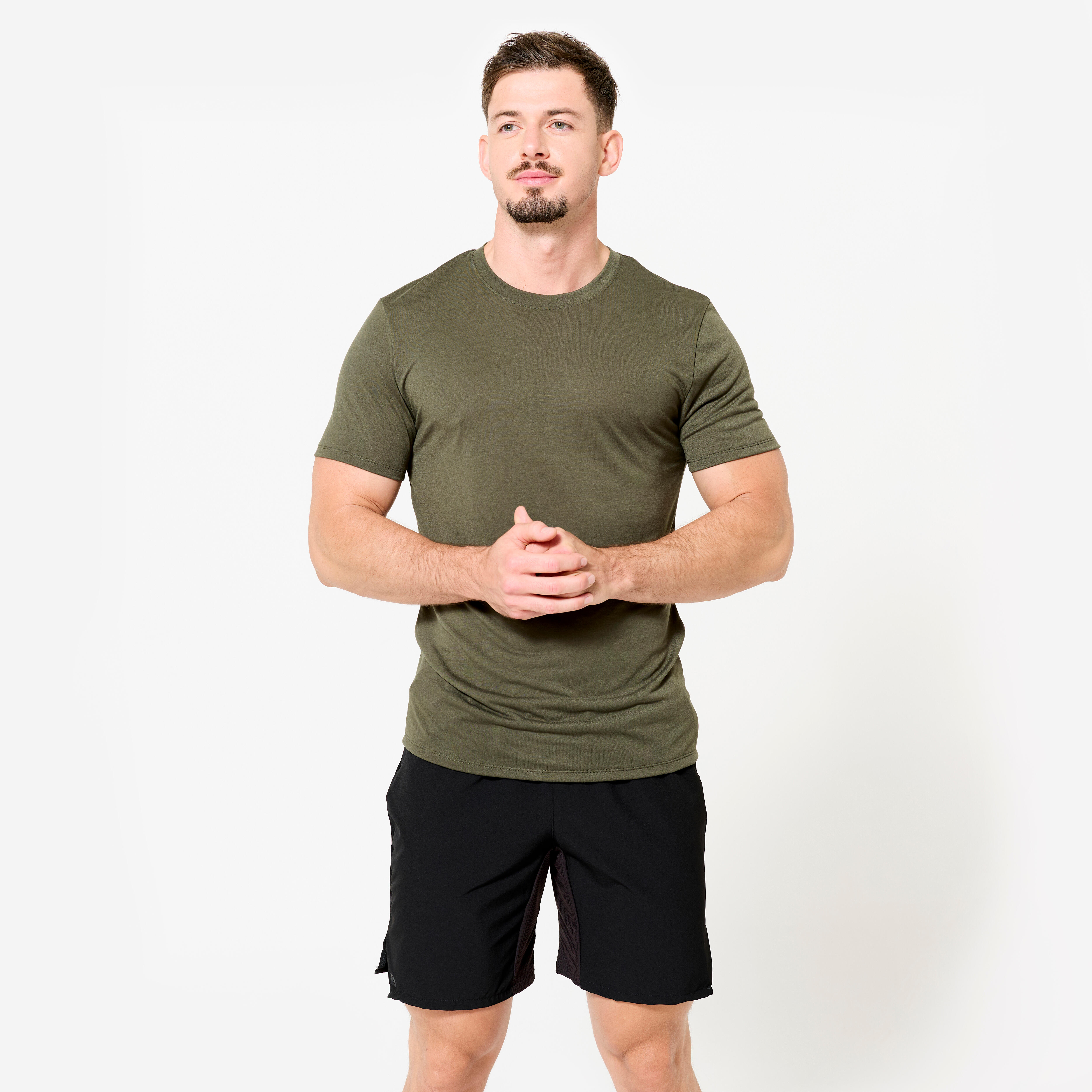 DOMYOS Pánske fitness tričko strih slim kaki zelená 349@2XL-DOMYOS
