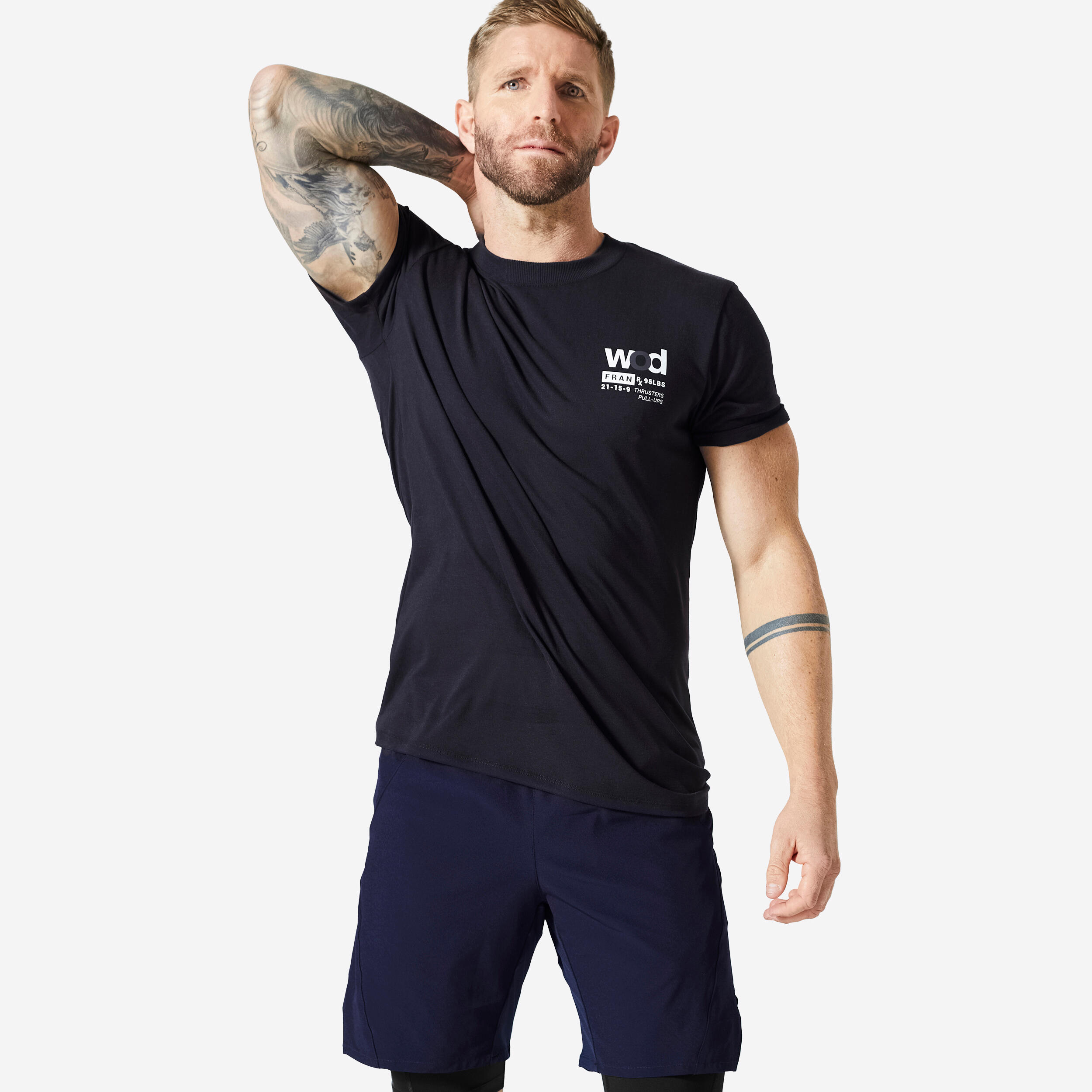 DOMYOS Pánske priedušné hebké tričko na crossfit slim s okrúhlym výstrihom čierne 349@M-DOMYOS