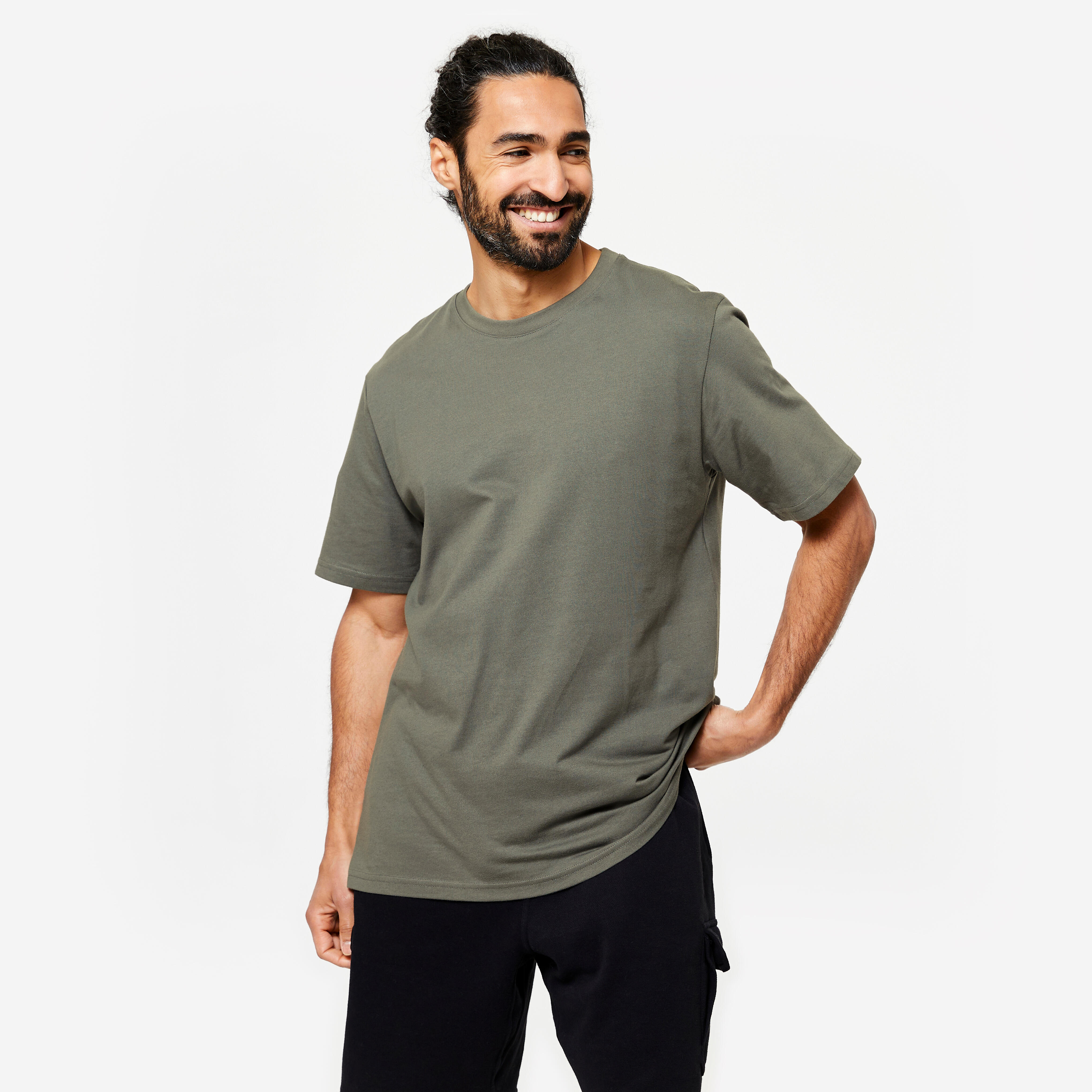 DOMYOS Pánske tričko na fitness 500 Essentials kaki zelená 349@3XL-DOMYOS