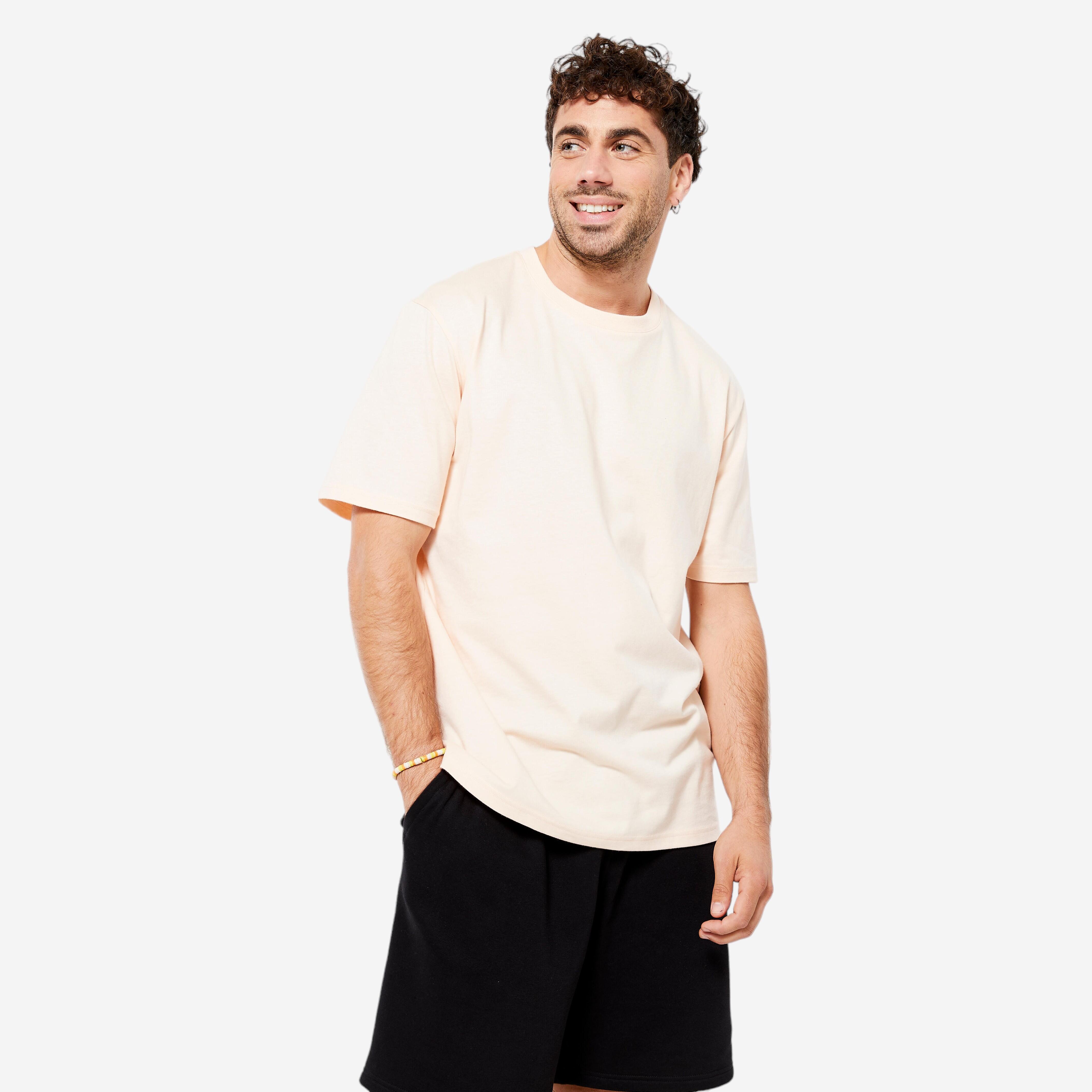 DOMYOS Pánske tričko na fitness 500 Essentials – béžové 349@XL-DOMYOS