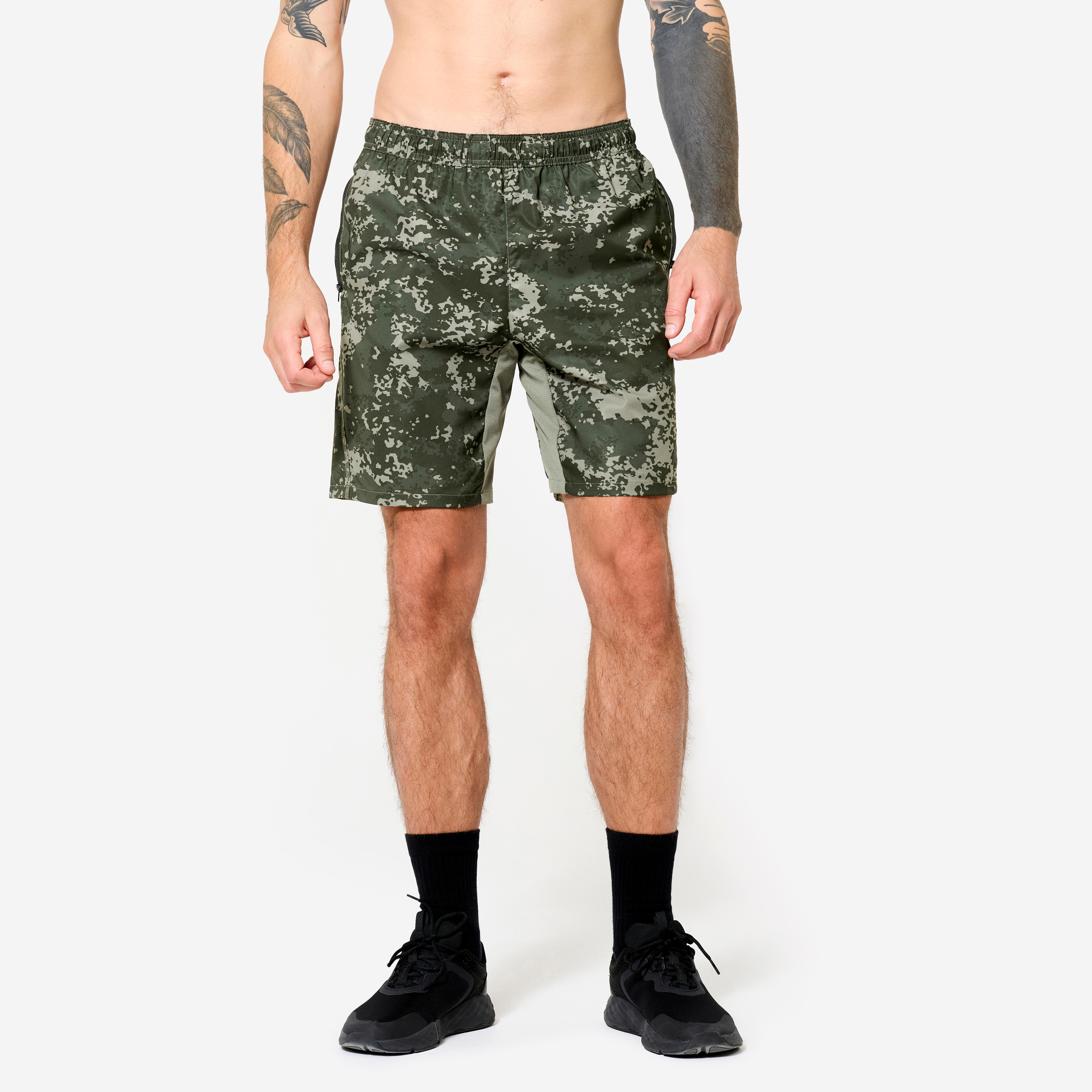 DOMYOS Šortky na fitness s vreckami na zips – kaki zelené zelená 340@M-DOMYOS
