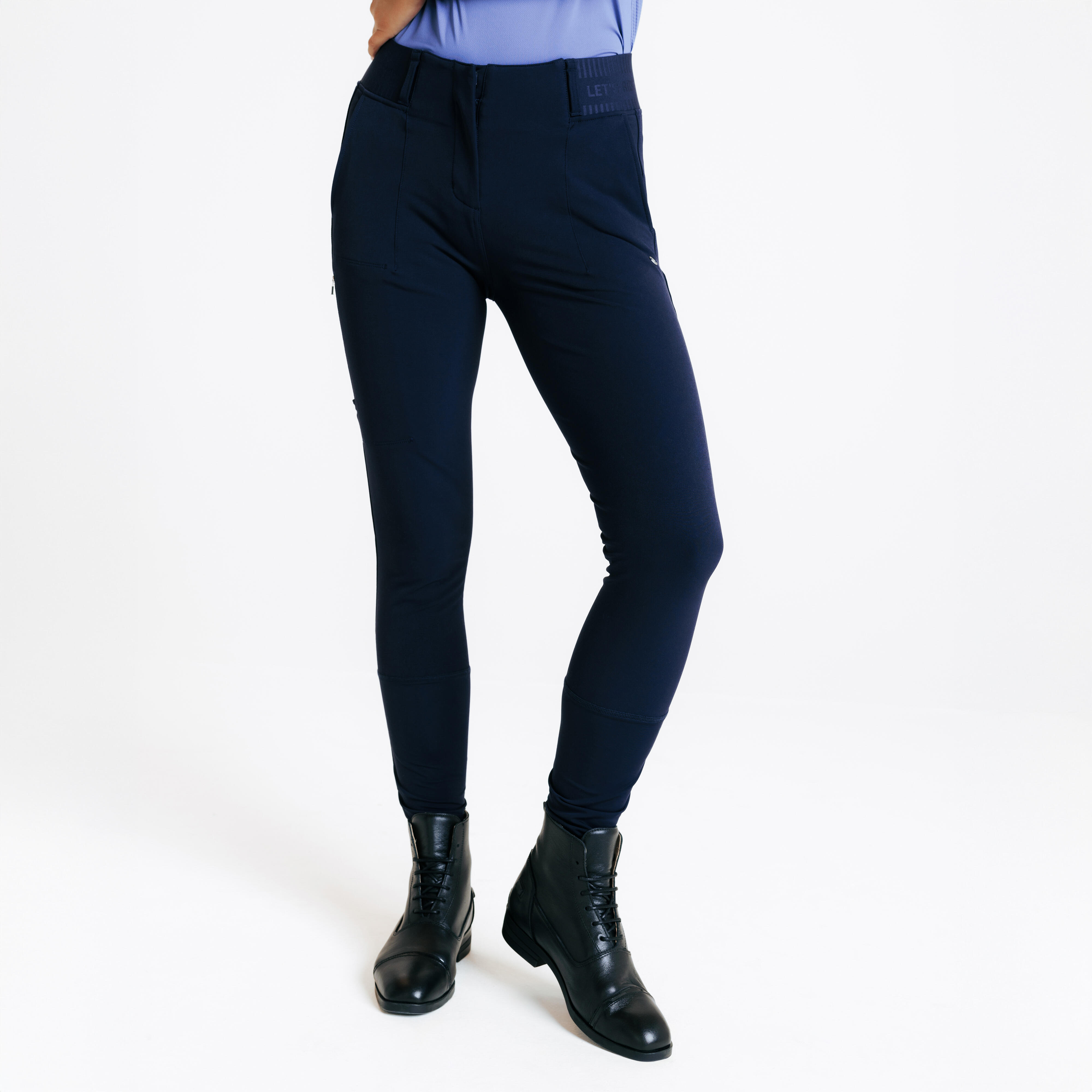 FOUGANZA Dámske jazdecké nohavice Be You 500 tmavomodré 343@XL-FOUGANZA