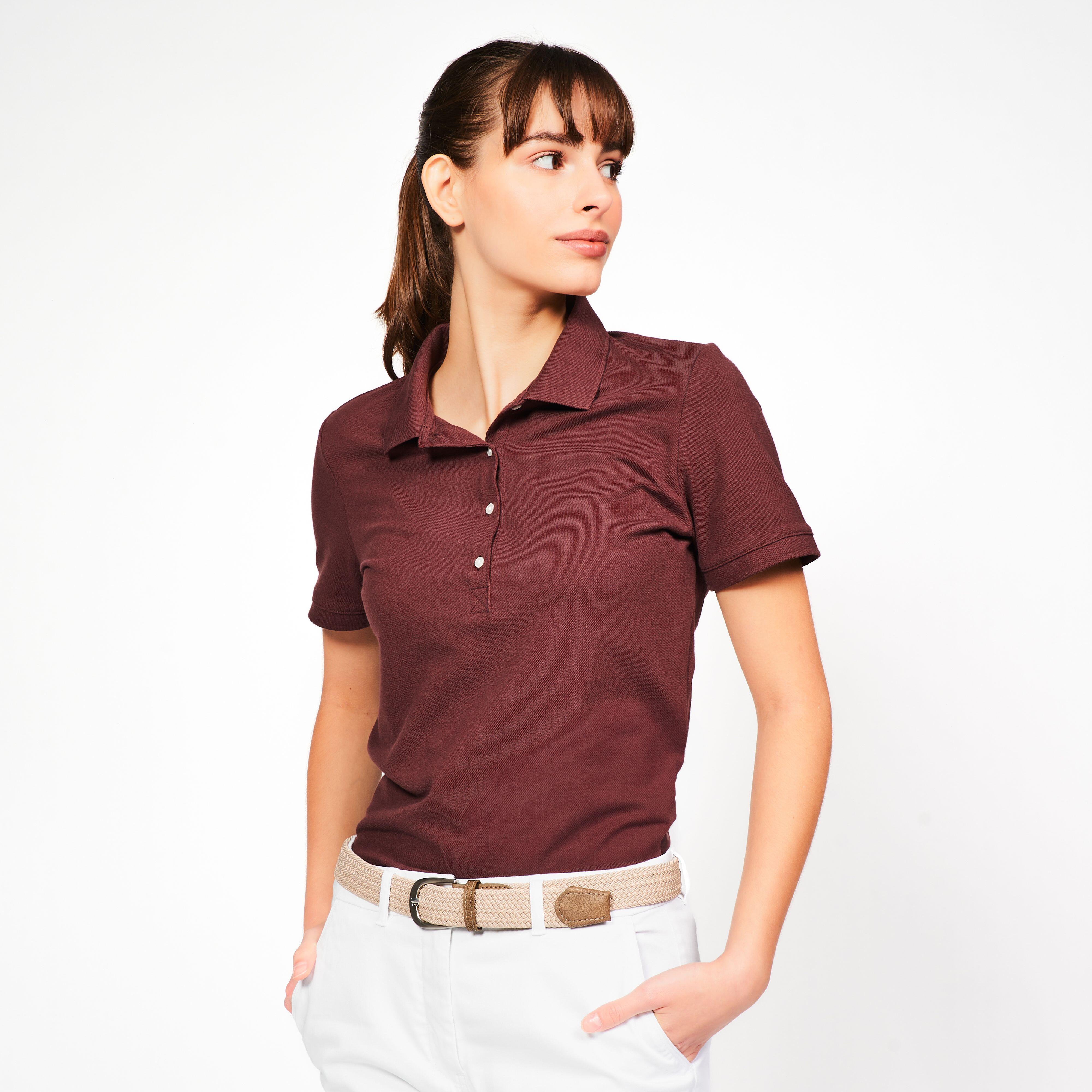 INESIS Dámska golfová polokošeľa MW500 s krátkym rukávom tmavohnedá hnedá 875@2XL-INESIS