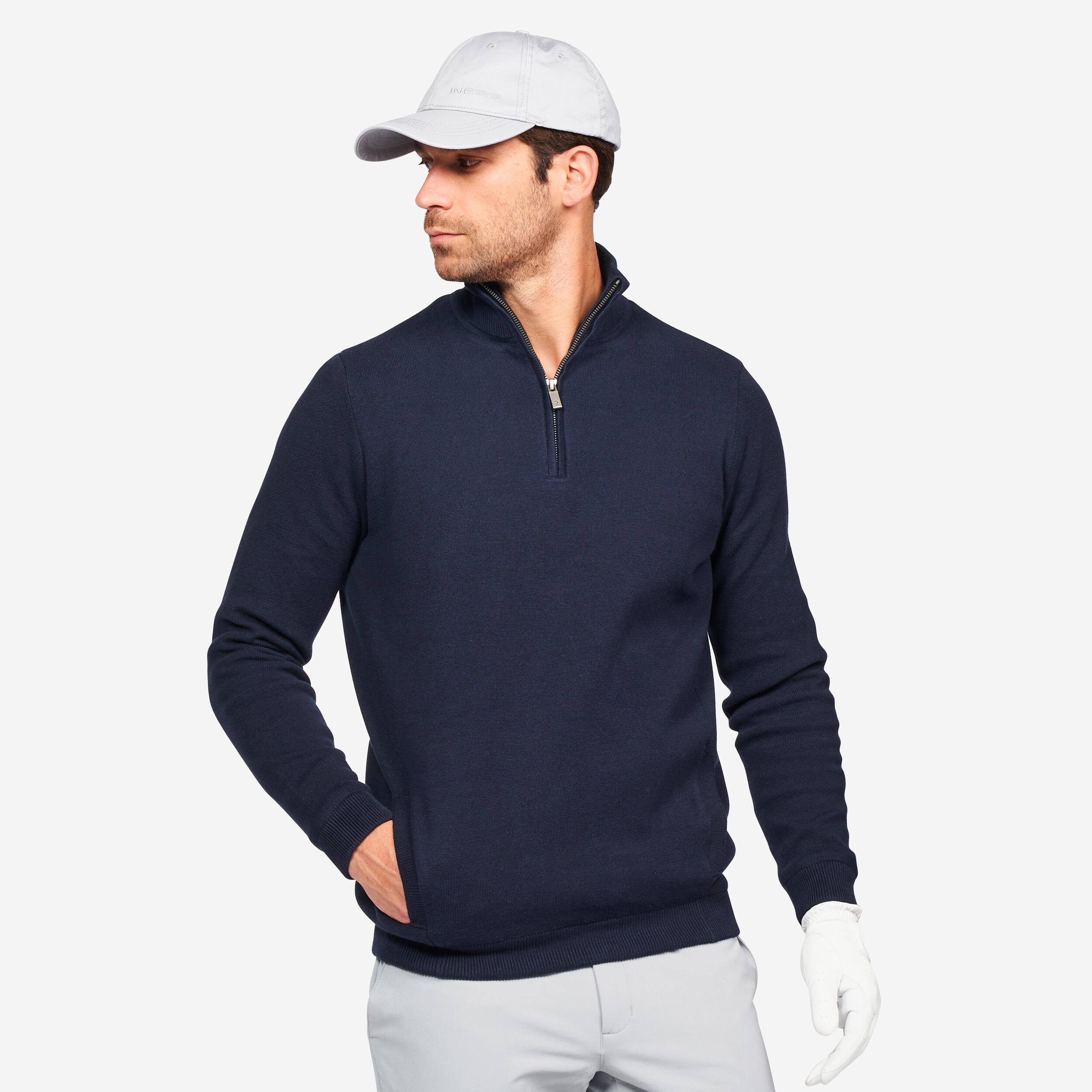 INESIS Pánsky vetruvzdorný golfový sveter s krátkym zipsom MW500 tmavomodrý 200@2XL-INESIS