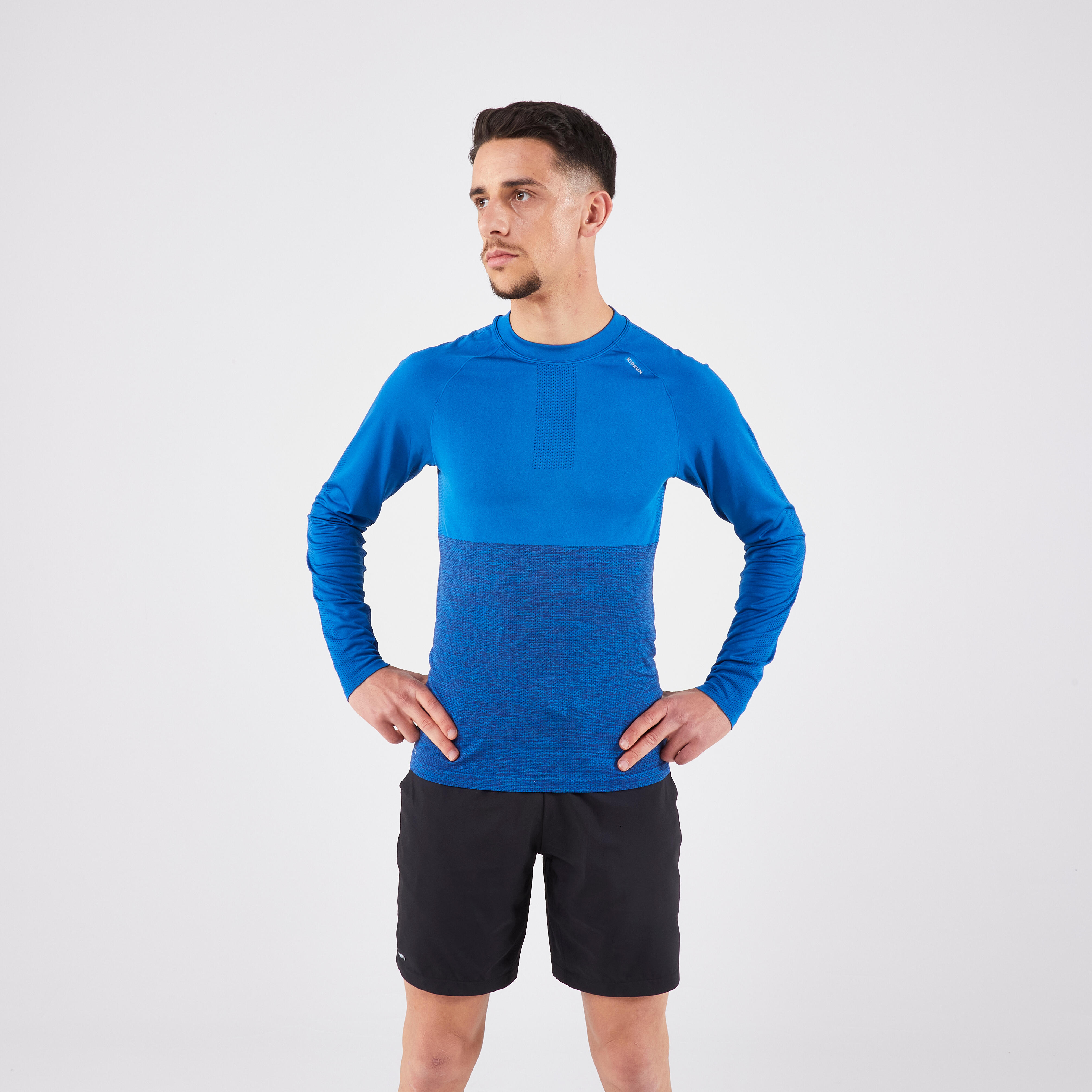 KIPRUN Pánske bežecké tričko Run 500 s dlhým rukávom bezšvové modré 200@XL-KIPRUN