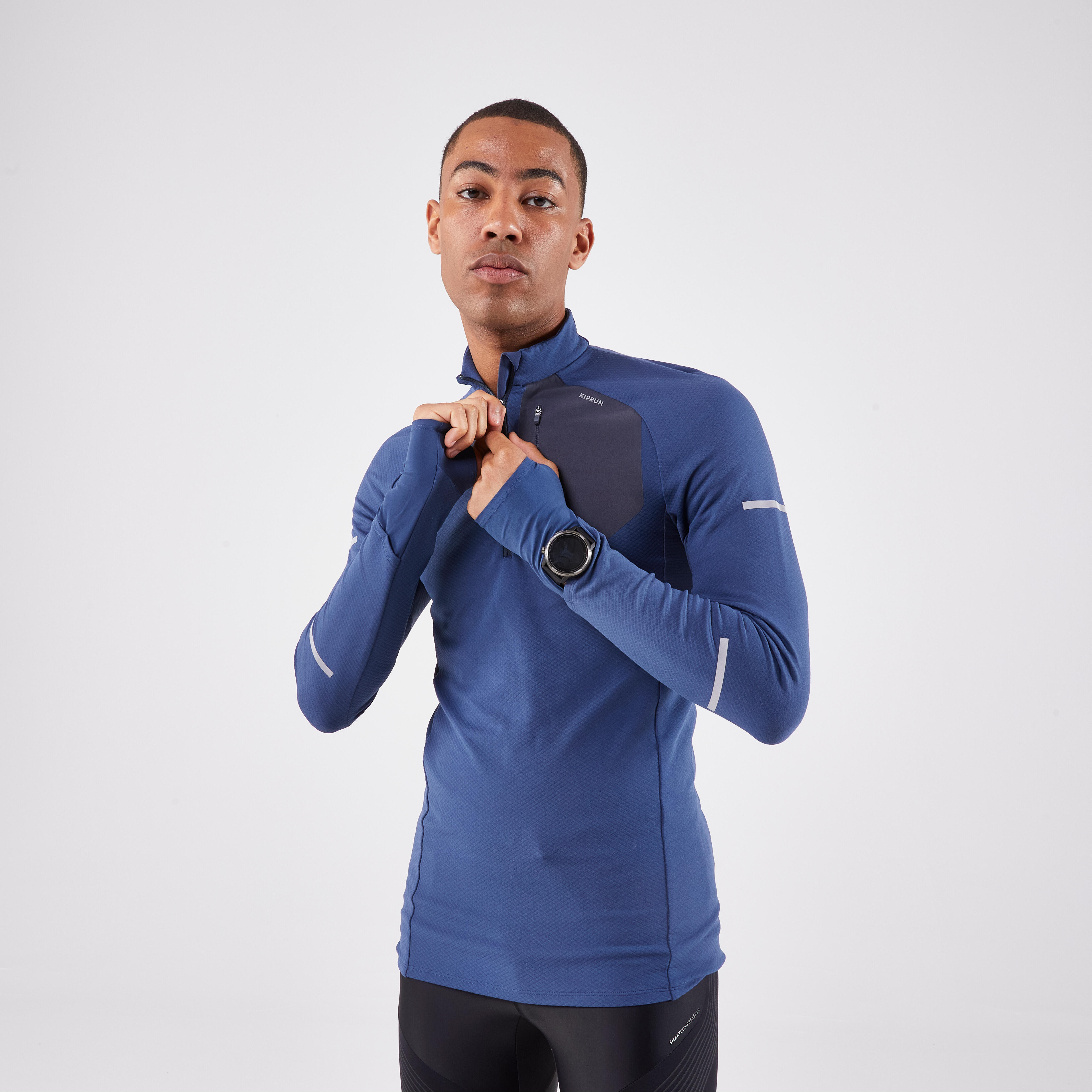 KIPRUN Pánske bežecké tričko Run 900 Warm s dlhým rukávom hrejivé s 1/2 zipsom modré 349@2XL-KIPRUN
