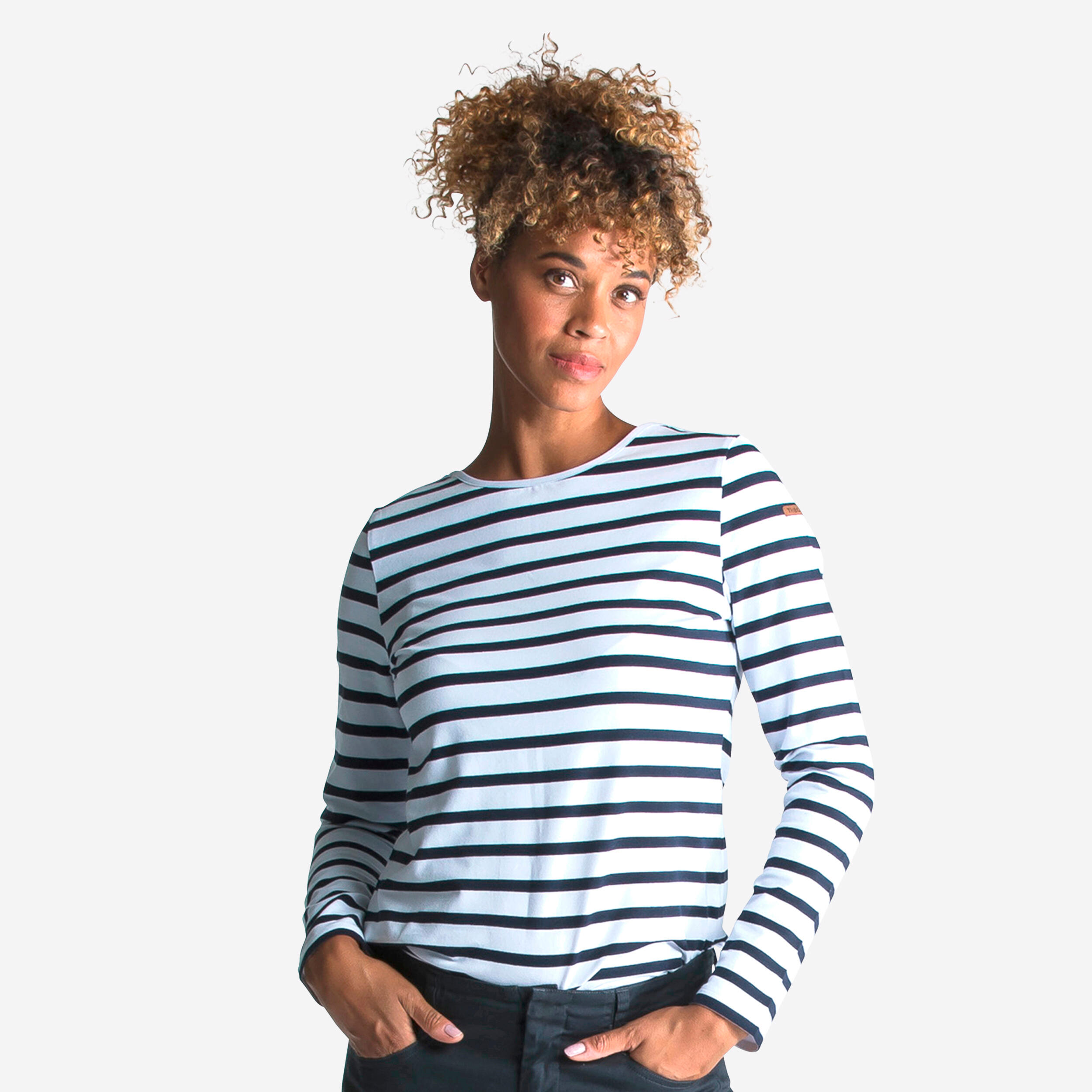 TRIBORD Dámske tričko Sailing 100 na jachting s dlhým rukávom prúžkované bielo-modré biela 875@L-XL-TRIBORD