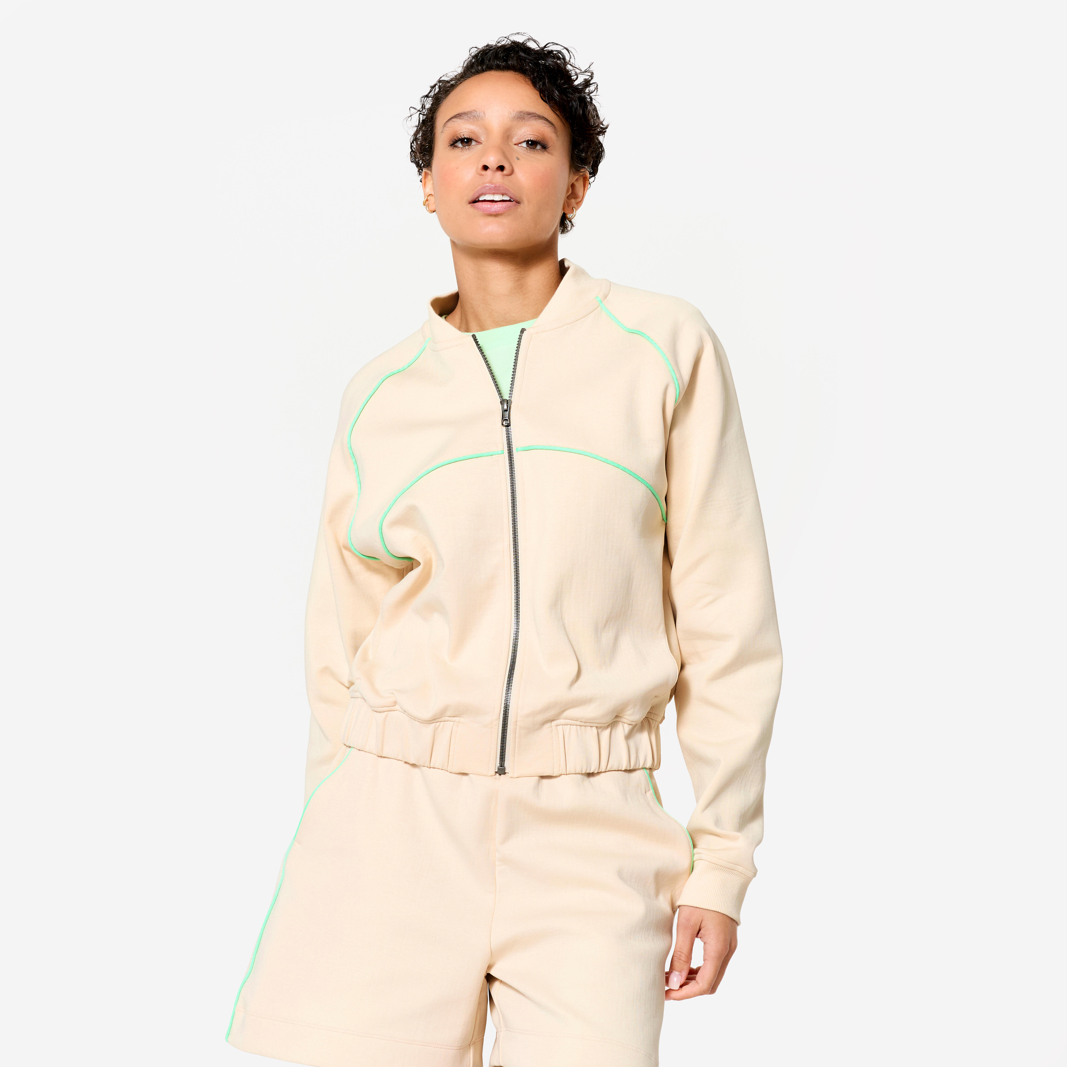 DOMYOS Dámska bomber bunda na zips béžová so zelenou lemovkou béžová 1387@2XL-DOMYOS