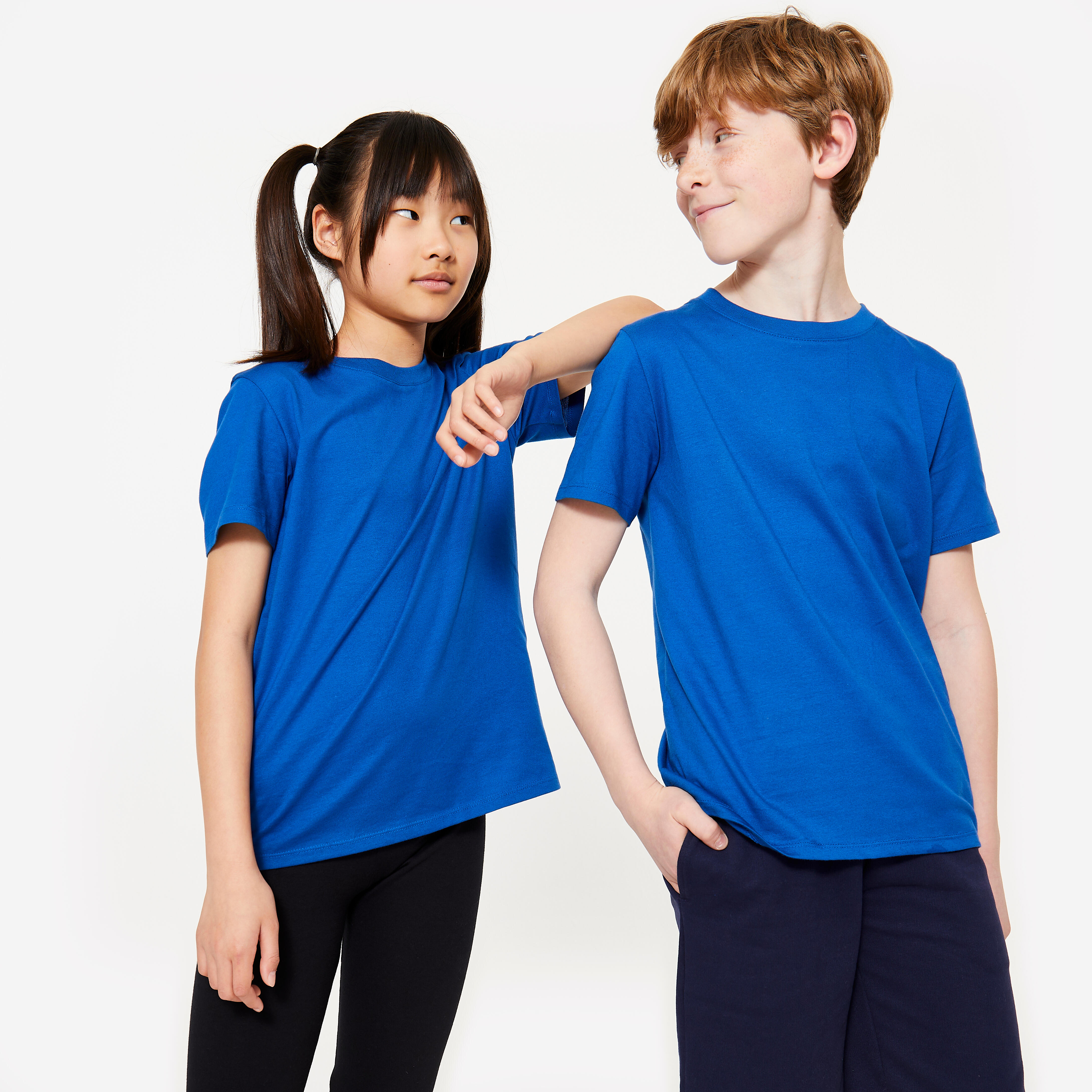 DOMYOS Detské bavlnené tričko unisex na cvičenie modré 131-140 cm-DOMYOS