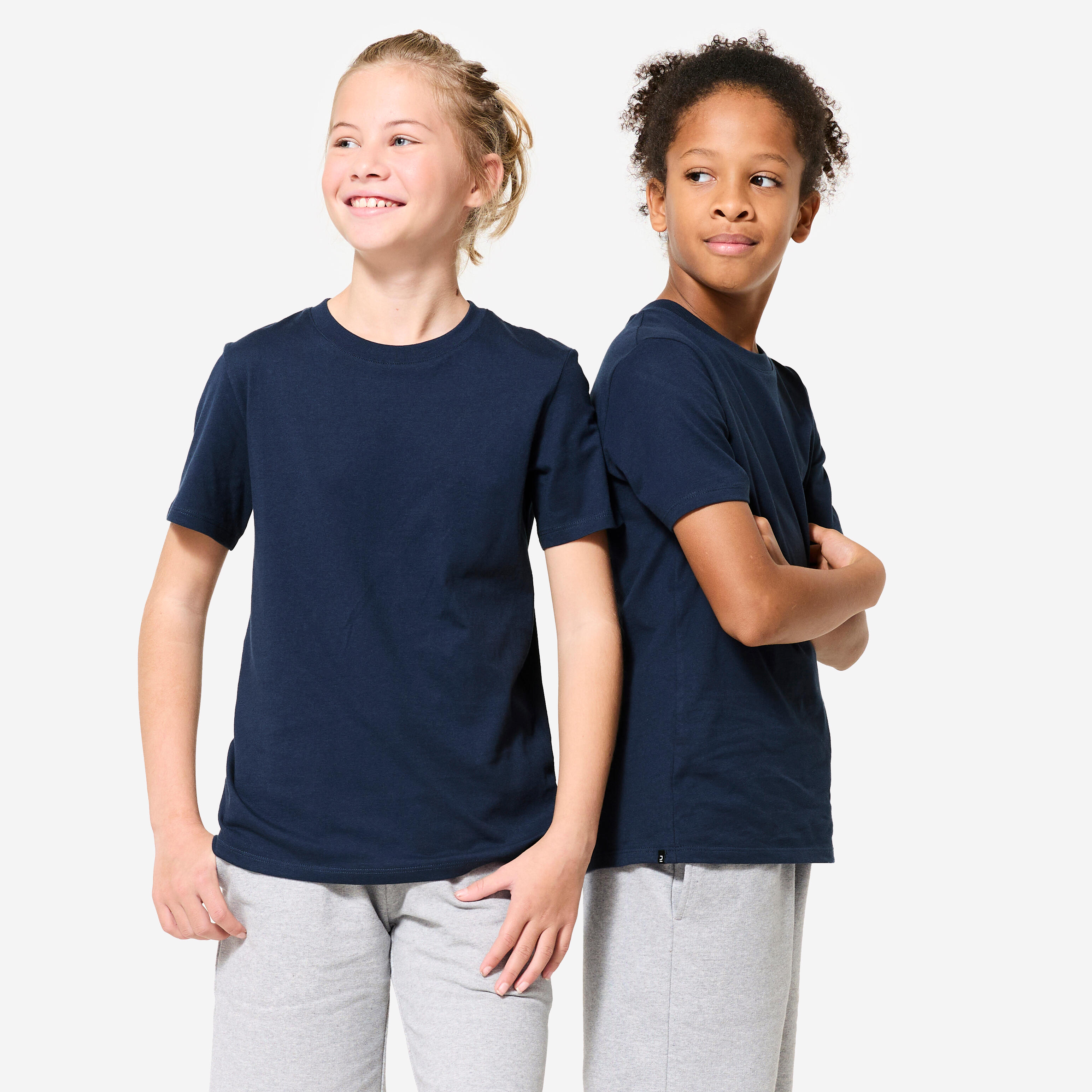 DOMYOS Detské bavlnené tričko unisex na cvičenie  tmavomodré 131-140 cm-DOMYOS