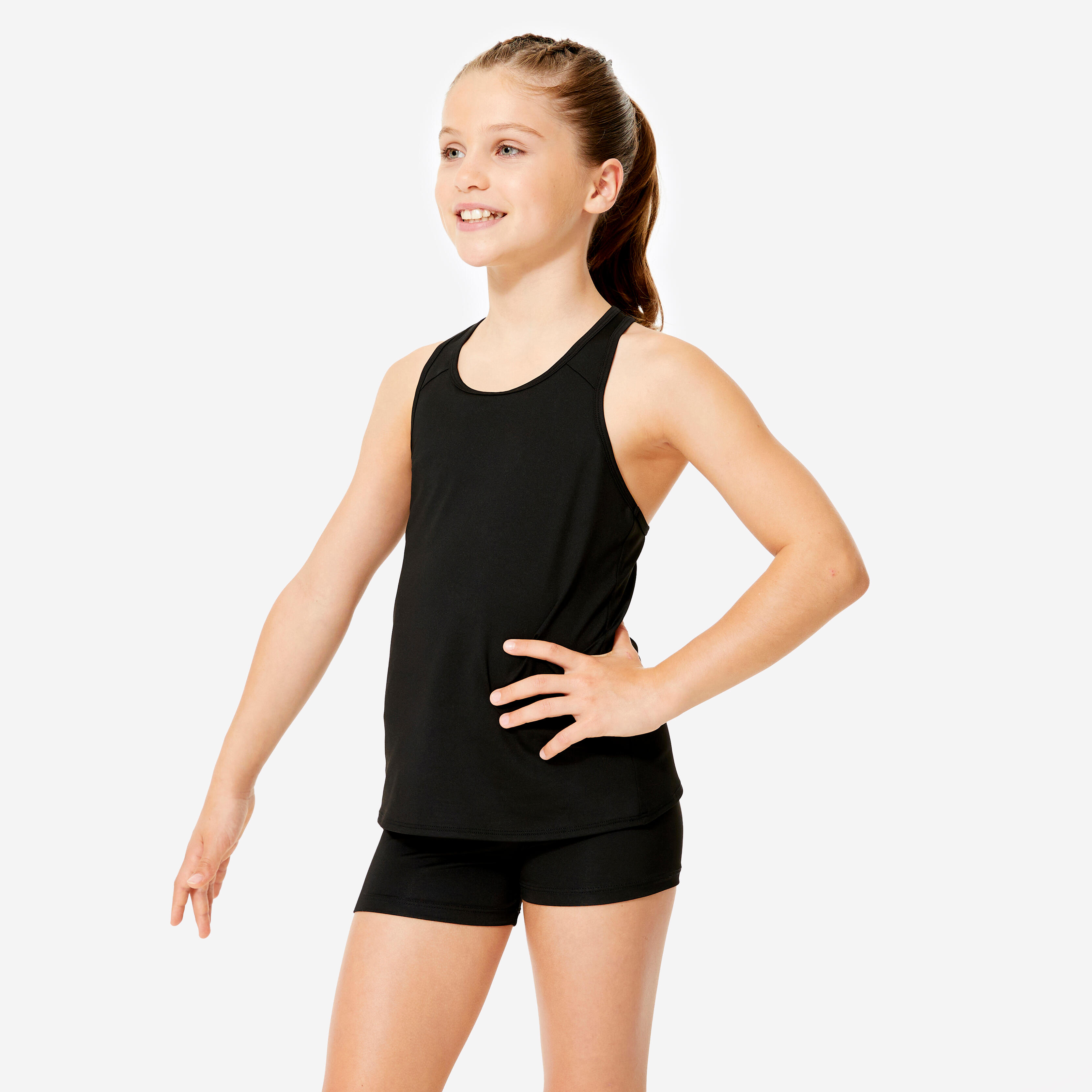 DOMYOS Dievčenské gymnastické tielko s plaveckým chrbtom čierne 123-130 cm-DOMYOS