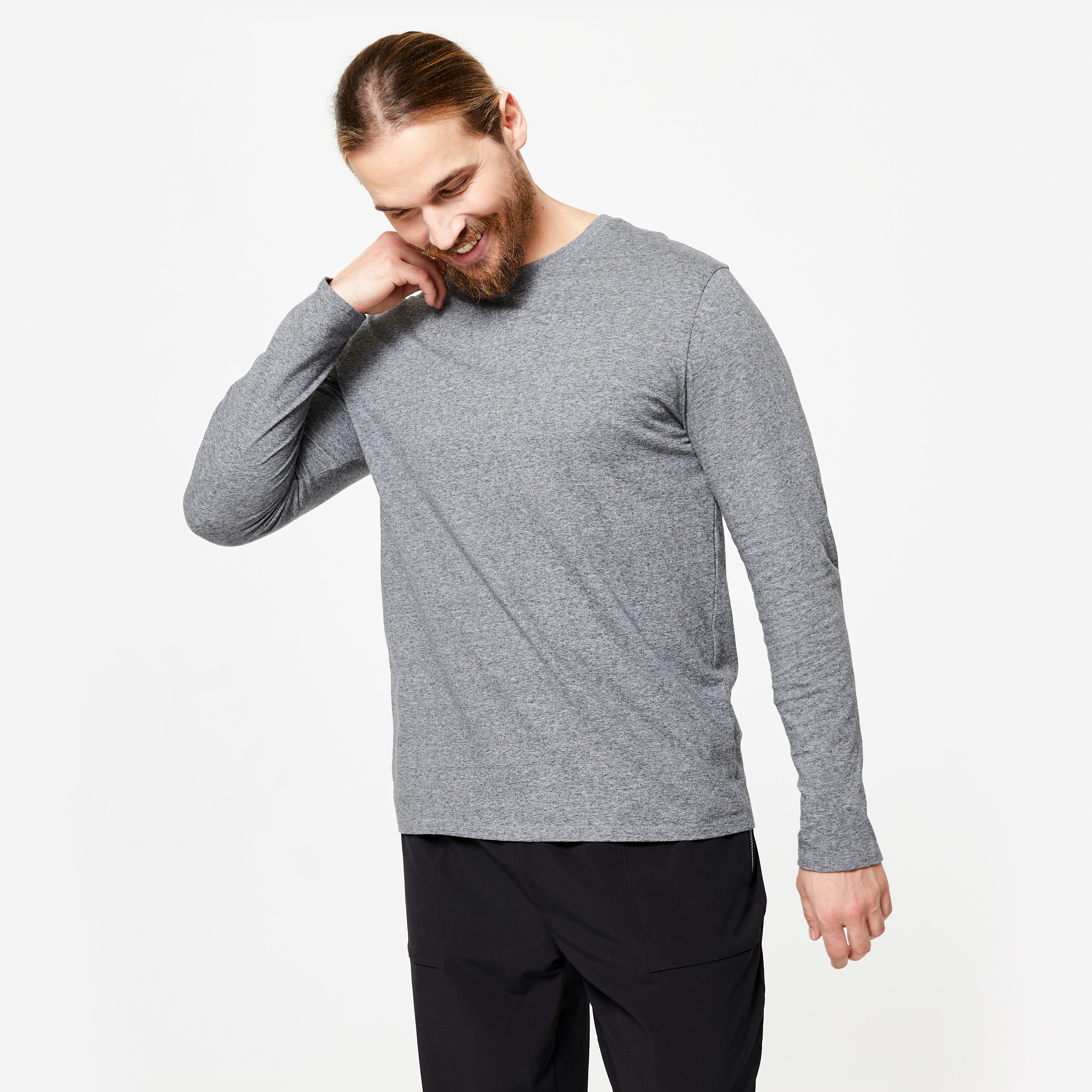DOMYOS Pánske tričko 100 na fitnes s dlhým rukávom sivé šedá 4XL-DOMYOS