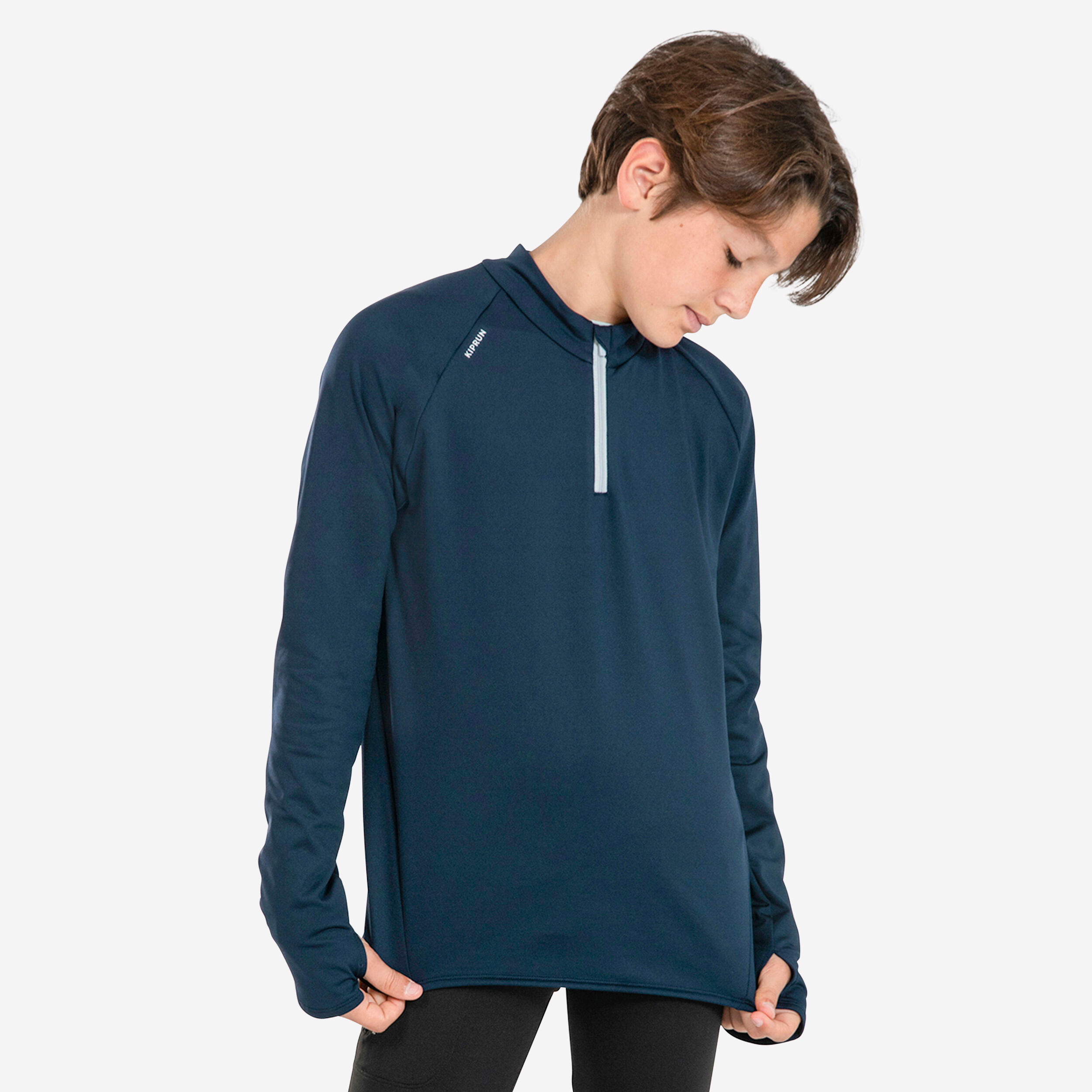 KIPRUN Detské hrejivé bežecké tričko Warm 100 s dlhým rukávom 1/2 zips tmavomodré 141-150 cm-KIPRUN
