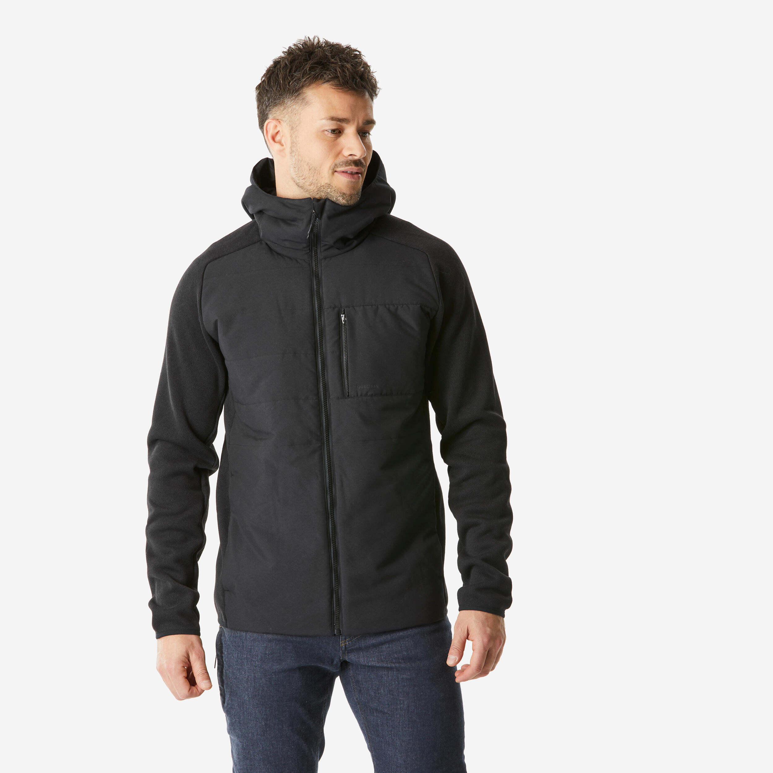 QUECHUA Pánska turistická mikina NH500 hybridná čierna 349@M-QUECHUA